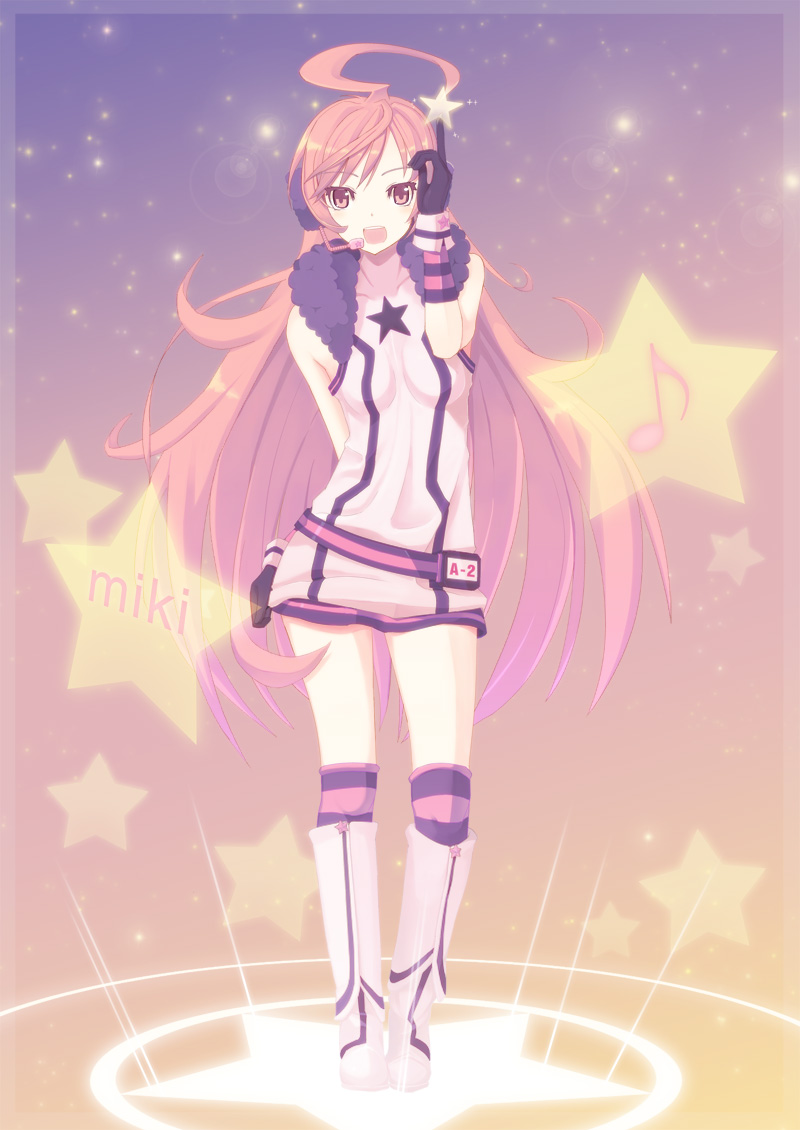 powhu, sf-a2 miki, vocaloid, 1girl, ahoge, bare shoulders, boots, dress, female focus, full body, gloves, glowing, gradient background, headphones, headset, kneehighs, long hair, musical note, open mouth, pink hair, red eyes, socks, solo, star (symbol), striped clothes, striped gloves, striped socks, striped thighhighs, thighhighs, wrist cuffs