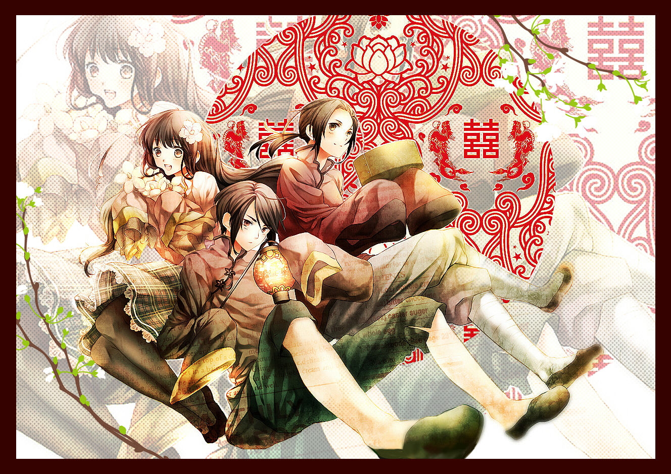 hana (yui), china (hetalia), hong kong (hetalia), taiwan (hetalia), axis powers hetalia, bad id, bad pixiv id, 1girl, 2boys, :d, blush, branch, brown hair, closed eyes, crossed arms, full body, long sleeves, multiple boys, open mouth, short hair, shorts, slippers, smile, spread legs, zoom layer