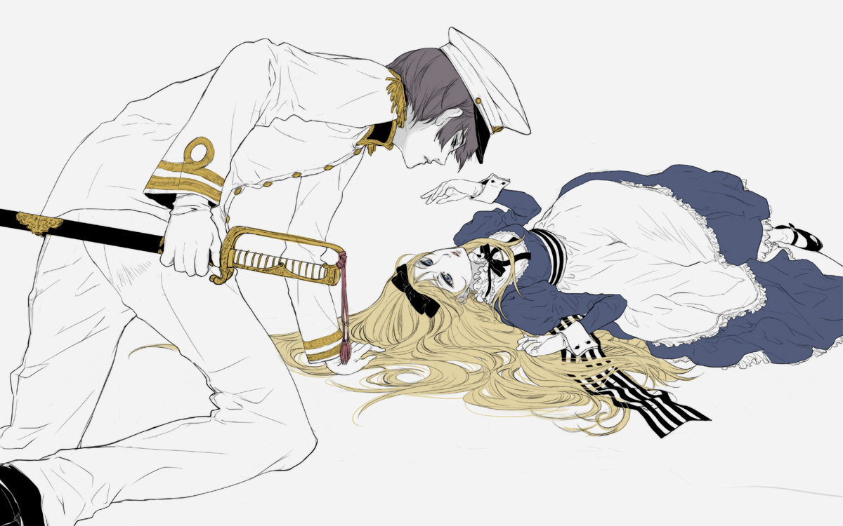 higi (rodriguez), belarus (hetalia), japan (hetalia), axis powers hetalia, 1boy, 1girl, black hair, blonde hair, blue dress, blue eyes, couple, dress, eye contact, gloves, hair ribbon, hat, hetero, katana, lipstick, long hair, looking at another, lying, makeup, mary janes, military, military uniform, pantyhose, peaked cap, petticoat, ribbon, shoes, short hair, striped ribbon, sword, weapon, white gloves, white pantyhose