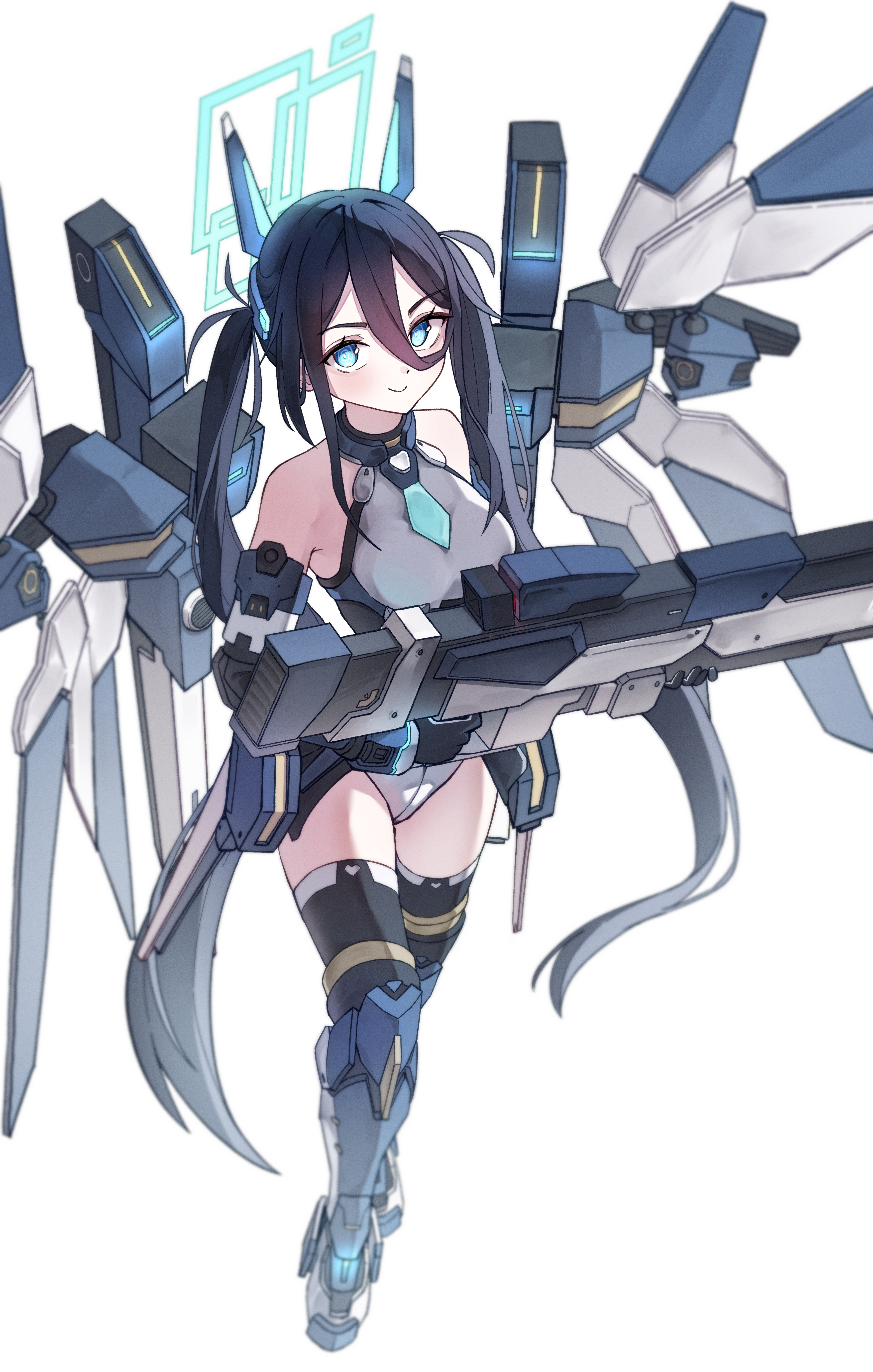 aris (armed) (blue archive), aris (blue archive), blue archive, absurdres, commentary request, highres, 1girl, aqua halo, black hair, blue eyes, blue necktie, closed mouth, hair between eyes, halo, long hair between eyes, looking at viewer, mecha musume, mechanical legs, mechanical wings, necktie, odod1228, official alternate costume, official alternate hairstyle, railgun, rectangular halo, ringed eyes, simple background, smile, solo, white background, wings