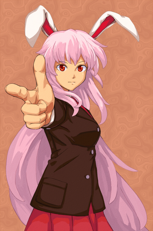 shibasaki shouji, reisen udongein inaba, touhou, bad id, bad pixiv id, 1girl, animal ears, blazer, breasts, female focus, foreshortening, jacket, long hair, medium breasts, necktie, pointing, purple hair, rabbit ears, red eyes, skirt, solo