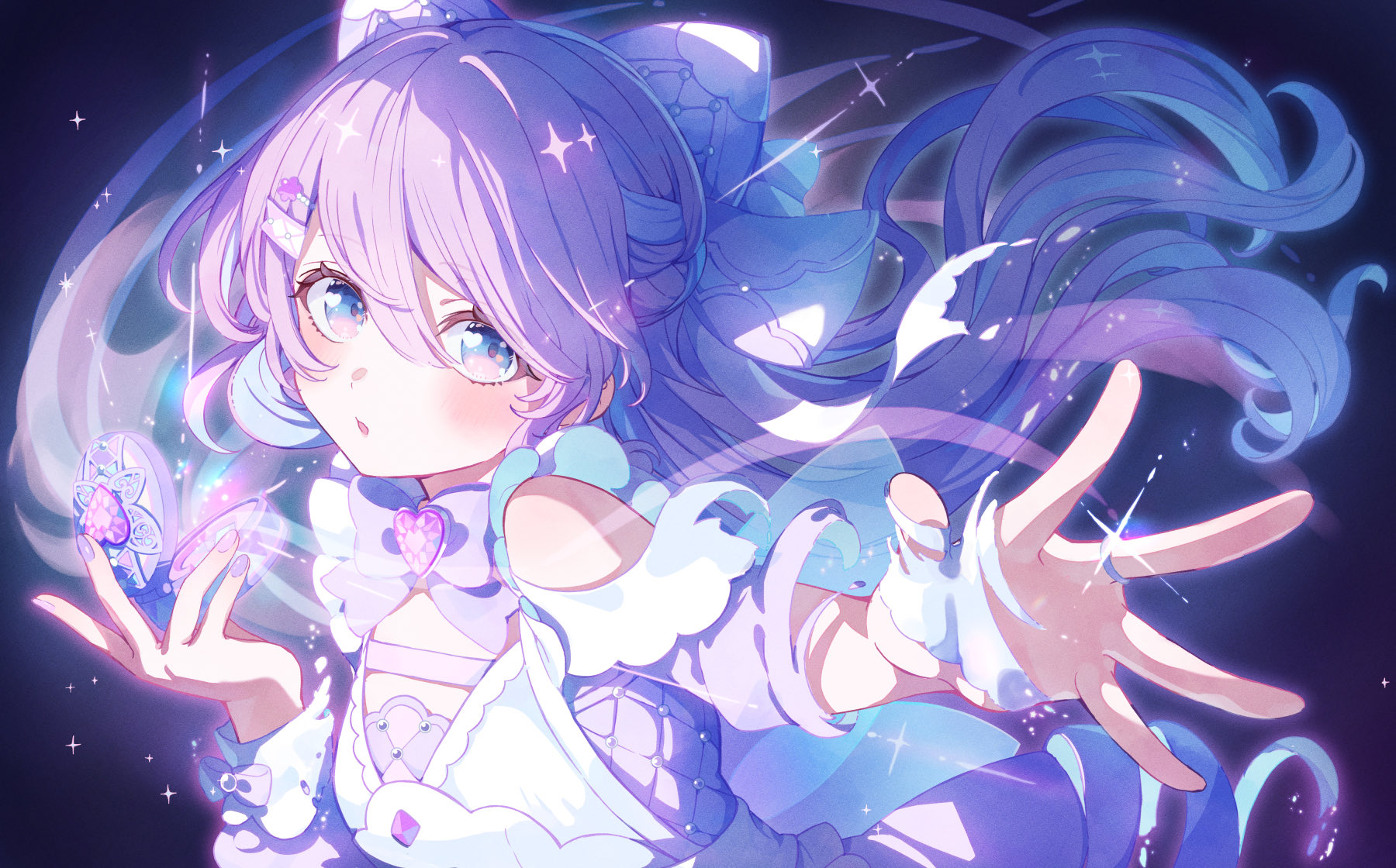 aoto neko, original, commentary request, highres, 1girl, blue eyes, blush, bow, bowtie, brooch, dress, floating hair, hair bow, henshin, jewelry, long hair, looking at viewer, magical girl, parted lips, purple hair, reaching, reaching towards viewer, ring, solo, upper body