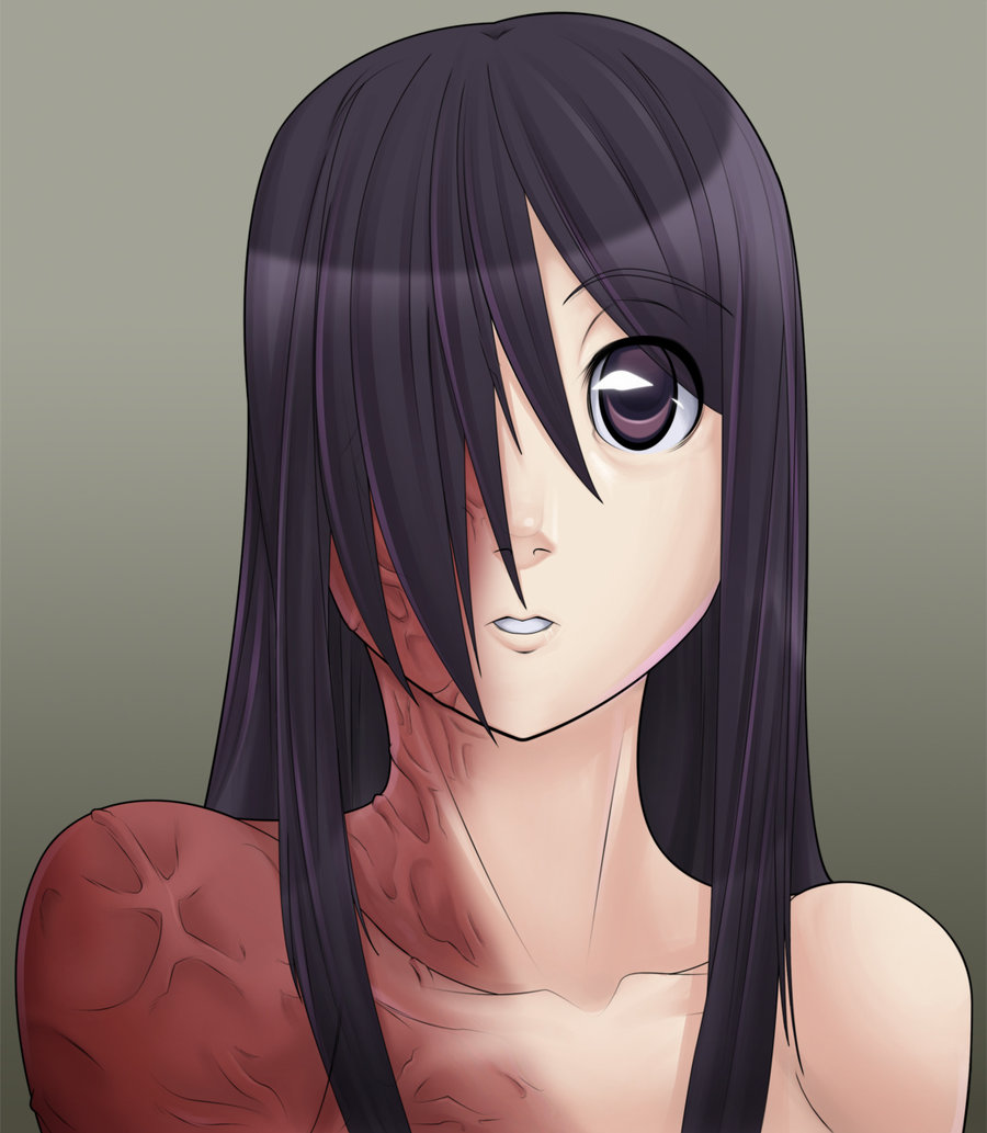 chuunioniika, ikezawa hanako, katawa shoujo, 10s, eyes visible through hair, grey background, hair over one eye, purple hair, scar, simple background, solo