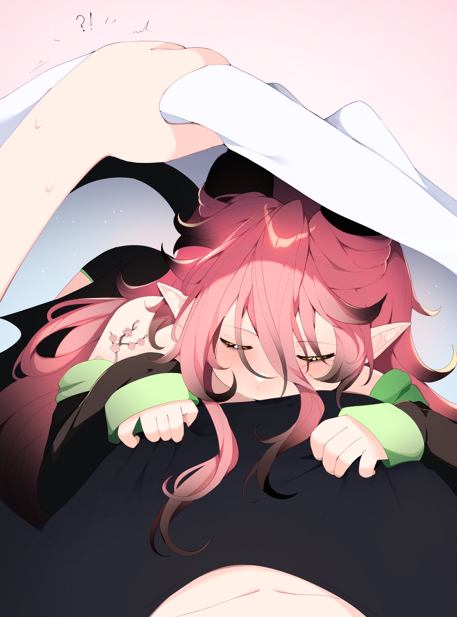 kuinmelen, indie virtual youtuber, highres, !?, 1girl, black hair, black horns, black shirt, closed eyes, colored tips, horns, multicolored hair, pickle (vtuber), pink hair, pointy ears, pov, shirt, shoulder tattoo, sleeping, sleeves past wrists, tattoo, under covers, virtual youtuber, ych commission