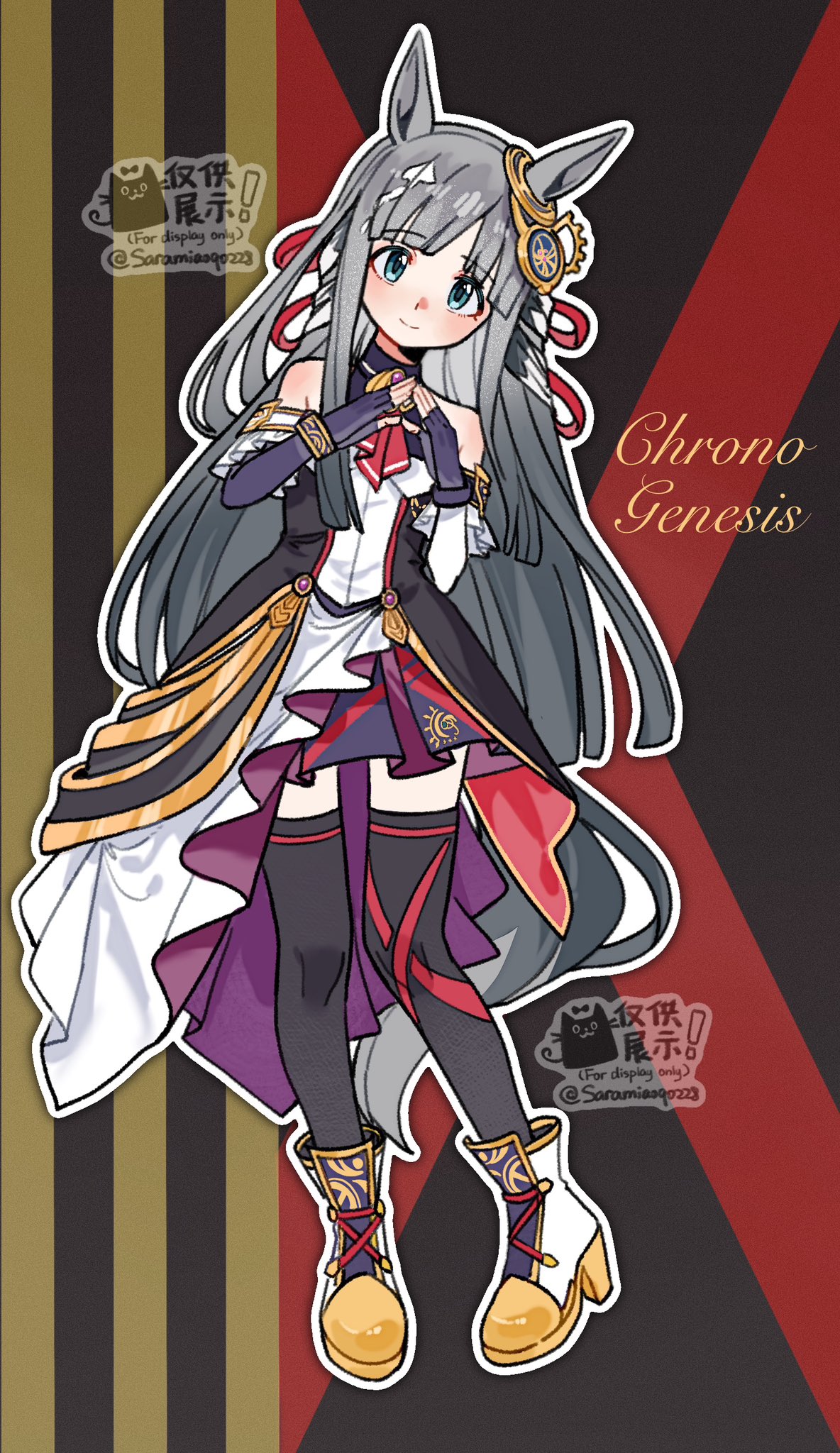 saramiao-chan, chrono genesis (prismatic curator) (umamusume), chrono genesis (umamusume), umamusume, commentary request, commission, highres, 1girl, animal ears, blue eyes, blunt bangs, blush, boots, breasts, closed mouth, detached sleeves, fingerless gloves, gloves, grey hair, hair ornament, horse ears, horse girl, horse tail, long hair, looking at viewer, small breasts, smile, solo, tail, thighhighs, twitter username