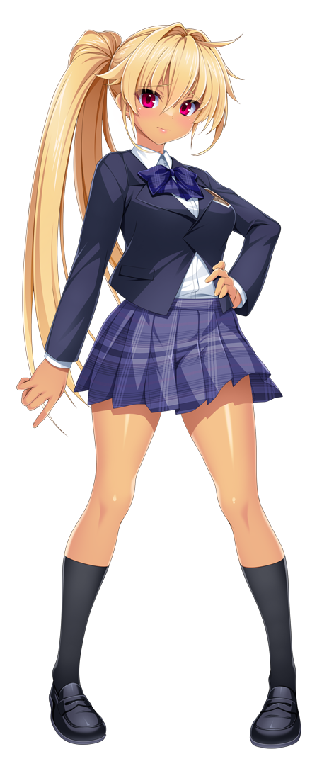 kamitsurugi ouka, oosumi kanon, kouyoku senki exs-tia concert, game cg, large variant set, non-web source, official art, variant set, 1girl, black socks, blazer, blonde hair, blue skirt, blush, bow, bowtie, breasts, closed mouth, dark-skinned female, dark skin, full body, hair intakes, hand on own hip, jacket, kneehighs, loafers, long hair, long sleeves, looking at viewer, miniskirt, pink eyes, plaid bow, plaid bowtie, plaid clothes, plaid skirt, pleated skirt, ponytail, red eyes, school uniform, shirt, shoes, side ponytail, skirt, socks, solo, standing, tachi-e, tan, transparent background, very long hair, white shirt