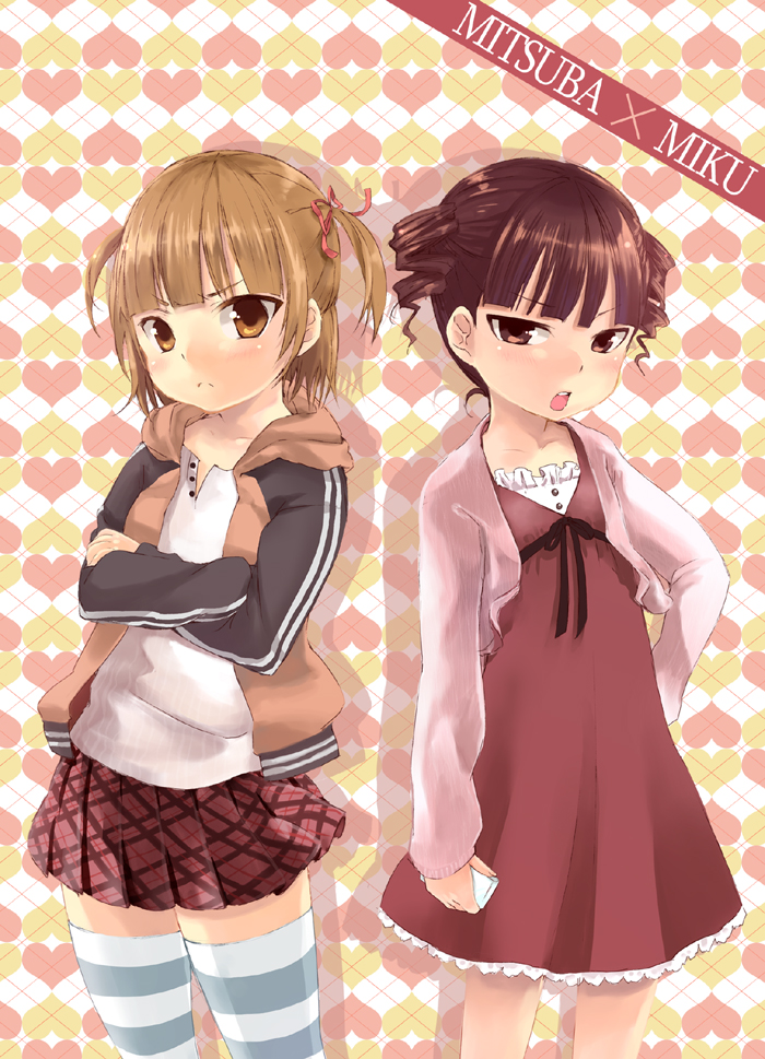 hakka0320, marui mitsuba, sugisaki miku, mitsudomoe (manga), plaid, striped legwear, 2girls, brown eyes, brown hair, dress, drill hair, hair ribbon, jacket, multiple girls, open mouth, ribbon, short hair, short twintails, skirt, striped clothes, striped thighhighs, thighhighs, twin drills, twintails, zettai ryouiki