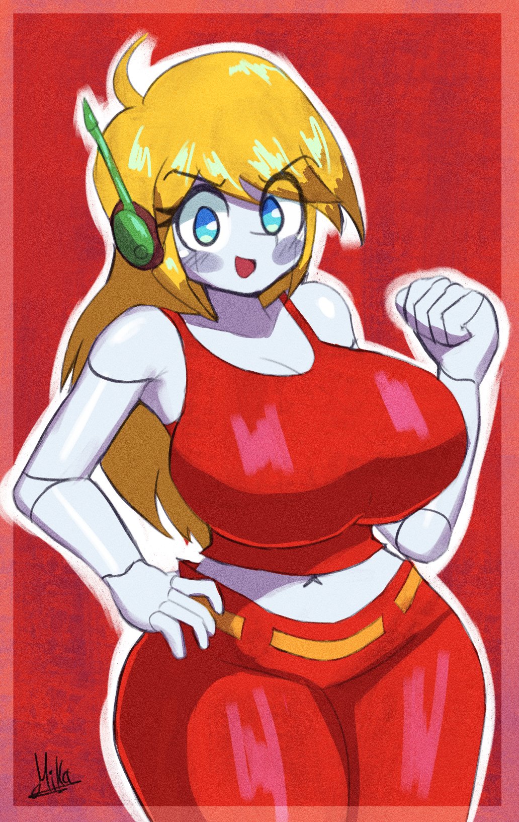 miks381, curly brace, doukutsu monogatari, 1girl, ahoge, armpit peek, bare shoulders, blonde hair, blue eyes, border, breasts, cleavage, clenched hand, colored skin, hand on own hip, hand up, huge breasts, joints, long hair, looking at viewer, midriff, navel peek, open mouth, outline, pants, red background, red pants, red shirt, robot, robot ears, robot girl, robot joints, shirt, signature, smile, solo, thick thighs, thighs, white outline, white skin