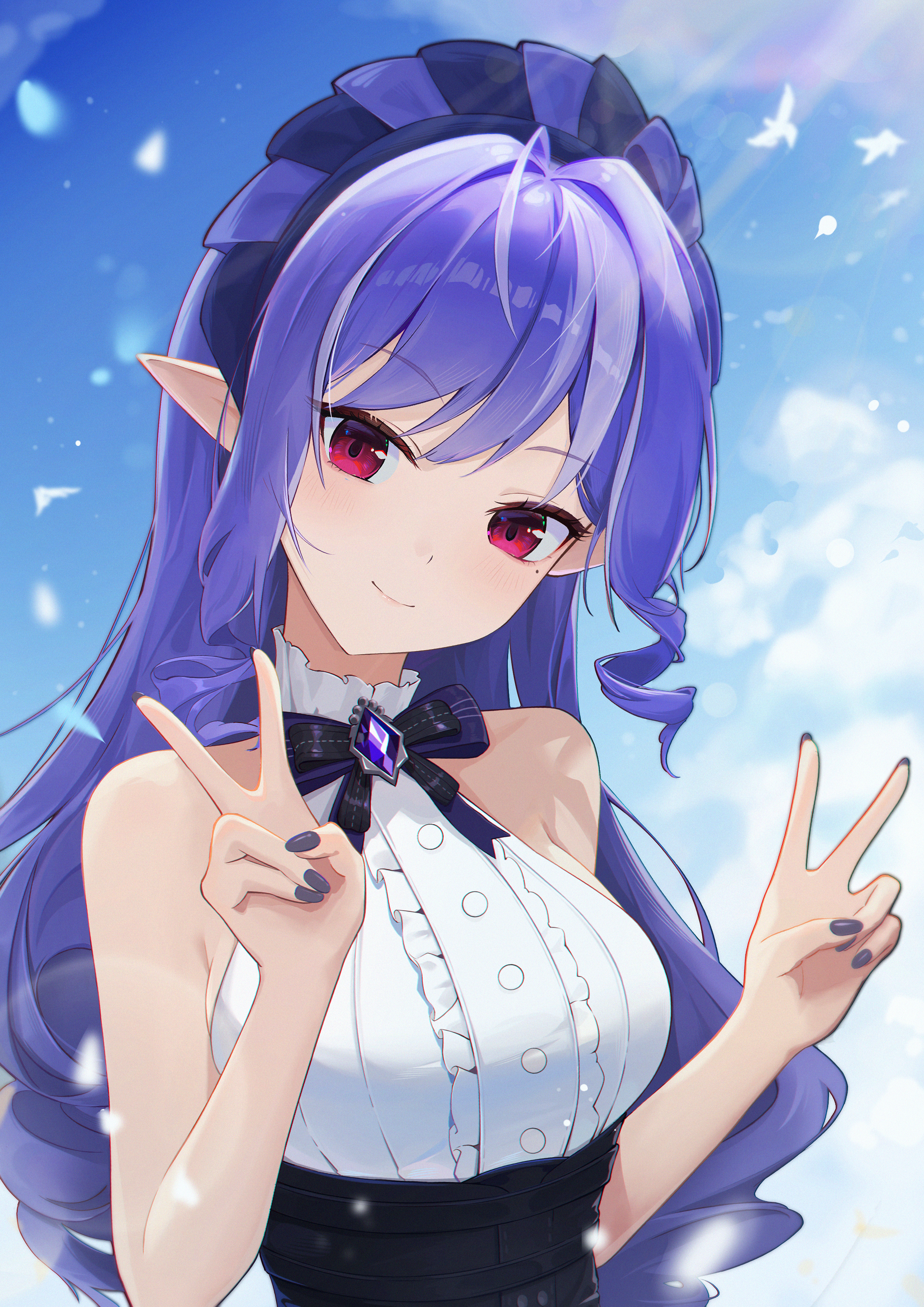 vivian banshee, zenless zone zero, absurdres, commentary request, highres, 1girl, bare shoulders, blue sky, blush, bow, bowtie, breasts, center frills, closed mouth, cloud, double v, drill hair, frills, gem, hairband, large breasts, long hair, looking at viewer, mole, mole under eye, peachenvy, pointy ears, purple bow, purple bowtie, purple gem, purple hair, purple hairband, purple nails, red eyes, shirt, sky, sleeveless, sleeveless shirt, smile, solo, upper body, v, white shirt