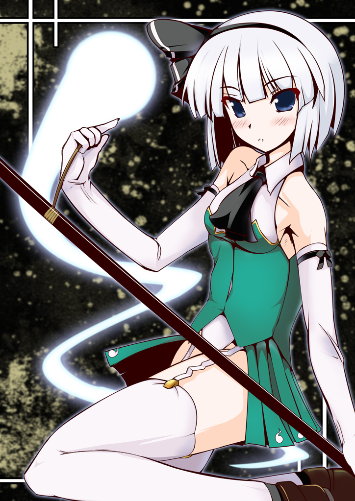 ganmo, konpaku youmu, konpaku youmu (ghost), touhou, 1girl, adapted costume, bare shoulders, blue eyes, elbow gloves, female focus, garter straps, ghost, gloves, hairband, halterneck, hitodama, leotard, polearm, short hair, solo, thighhighs, vest, weapon, white hair