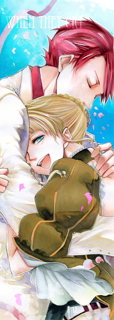 noppo, beatrice (umineko), ushiromiya battler, umineko no naku koro ni, 1boy, 1girl, blonde hair, blue eyes, closed eyes, couple, dress, formal clothes, hetero, hug, open mouth, petals, red hair, smile, suit