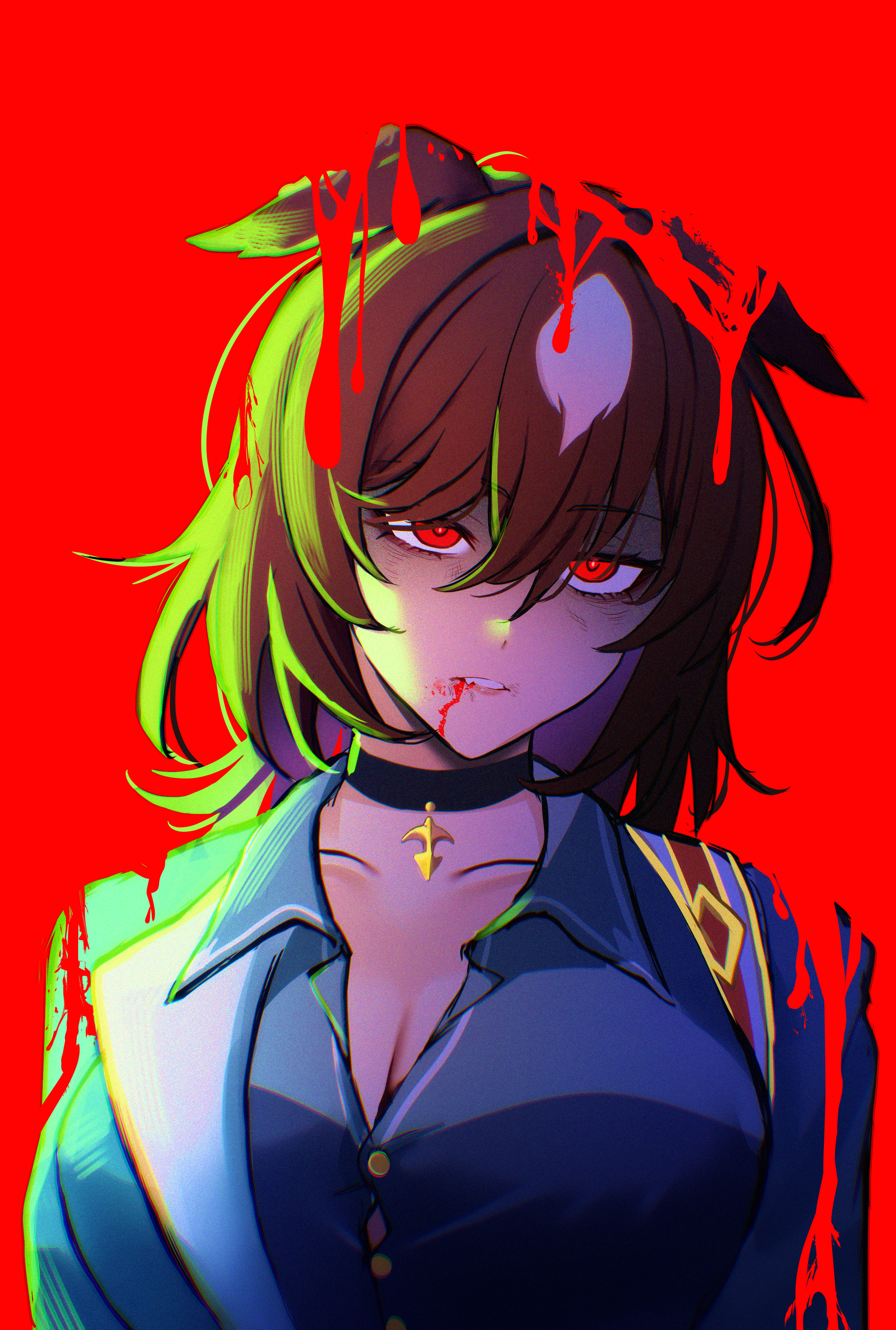 higeji (higeji404), sirius symboli (feroce) (umamusume), sirius symboli (umamusume), umamusume, absurdres, commentary request, highres, 1girl, animal ears, black choker, blood, blood from mouth, blood in hair, breasts, brown hair, choker, cleavage, collared shirt, grey shirt, hair between eyes, horse ears, horse girl, horse tail, large breasts, long hair, looking at viewer, red background, red eyes, shirt, solo, tail, upper body