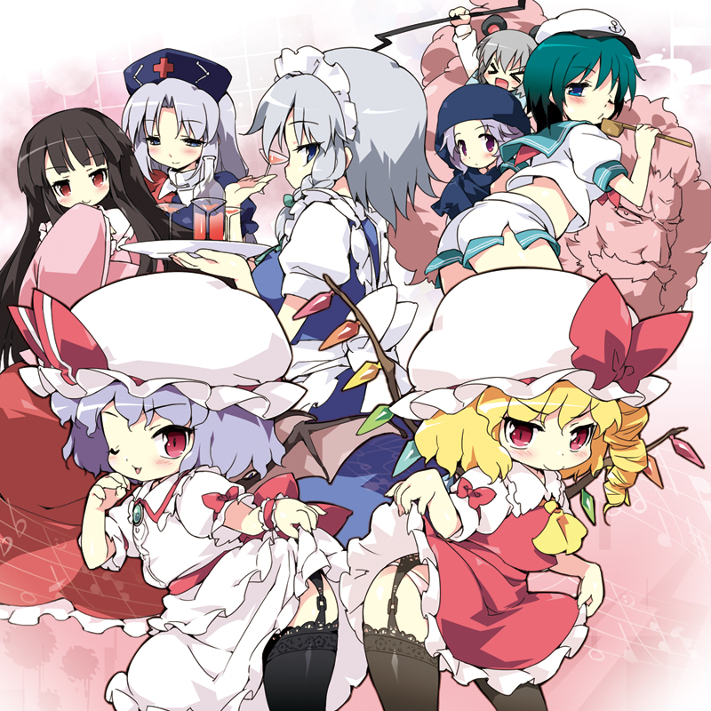 petenshi (dr. vermilion), flandre scarlet, houraisan kaguya, izayoi sakuya, kumoi ichirin, murasa minamitsu, nazrin, remilia scarlet, unzan, yagokoro eirin, touhou, bad id, bad pixiv id, 6+girls, blonde hair, blue eyes, brown hair, clothes lift, garter straps, green hair, grey hair, hair ribbon, hat, hat ribbon, hood, multiple girls, panties, red eyes, ribbon, skirt, skirt lift, thighhighs, underwear, wings