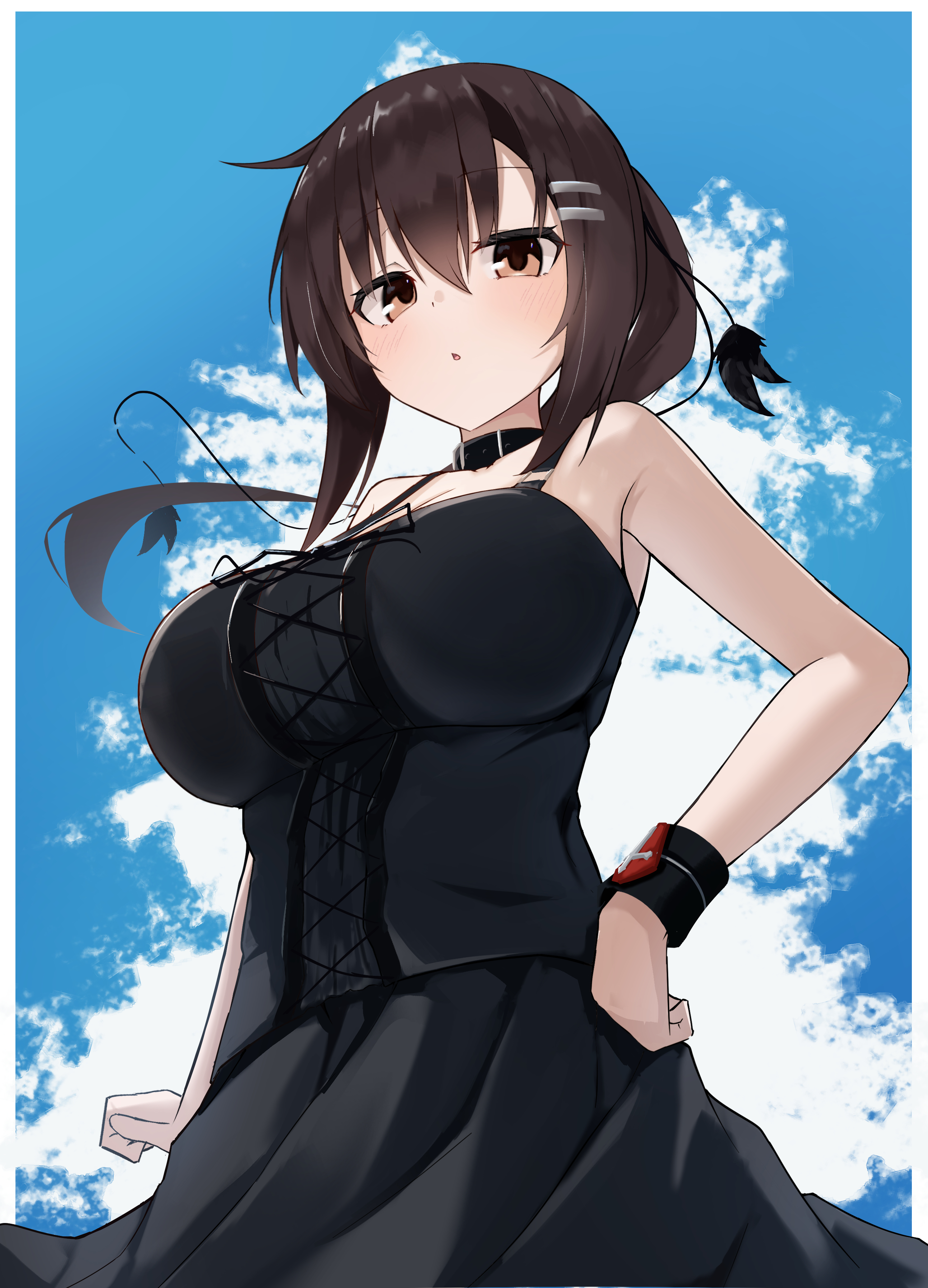 takoyaki032002, minakami yuki, subarashiki hibi, absurdres, commentary, highres, 1girl, arm at side, belt collar, black dress, black wrist cuffs, blush, border, breasts, brown eyes, brown hair, collar, cowboy shot, day, dress, floating hair, from below, hair between eyes, hair ornament, hairclip, hand on own hip, large breasts, long hair, looking at viewer, outdoors, outside border, parallel hairclips, parted lips, pleated dress, ponytail, sidelocks, sleeveless, sleeveless dress, solo, spaghetti strap, white border, wrist cuffs