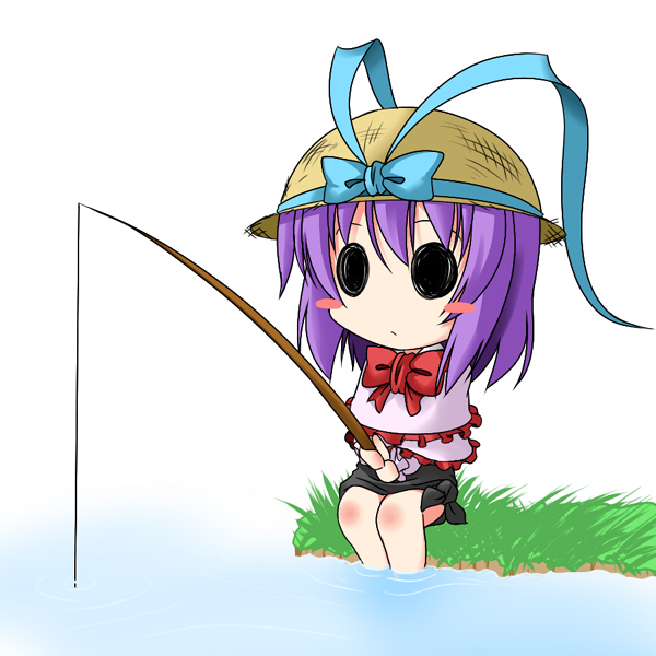 ichimi, nagae iku, touhou, 1girl, blush, blush stickers, chibi, female focus, fishing, fishing rod, hat, holding, holding fishing rod, purple hair, simple background, solid circle eyes, solo