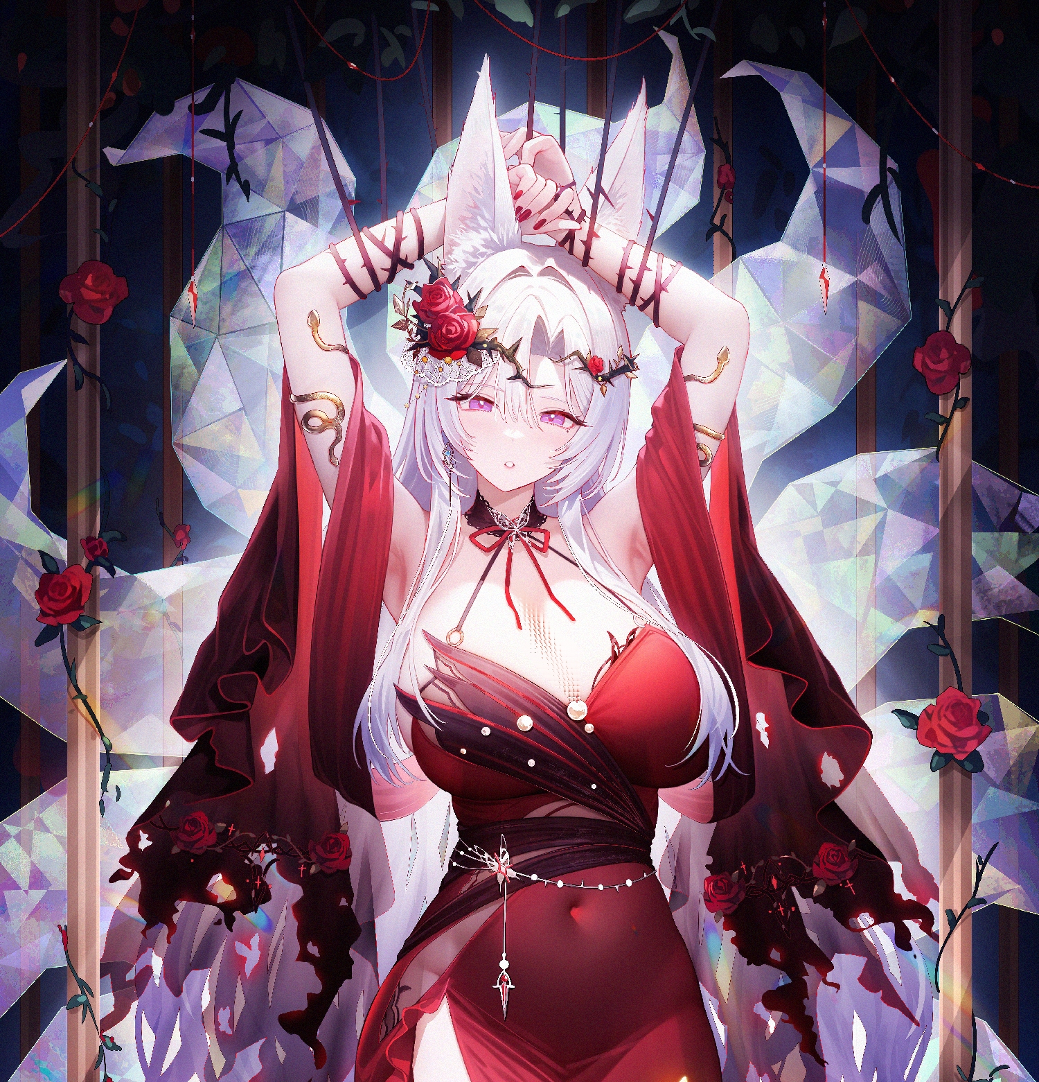 jianshu, character request, chinese commentary, commentary request, copyright request, highres, 1girl, animal ear fluff, animal ears, armpits, arms up, bare shoulders, breasts, cleavage, covered navel, cowboy shot, flower, fox ears, fox girl, hair flower, hair intakes, hair ornament, kitsune, kyuubi, large breasts, long hair, looking at viewer, multiple tails, nail polish, parted lips, purple eyes, red flower, red nails, red rose, rose, side slit, solo, tail, white hair