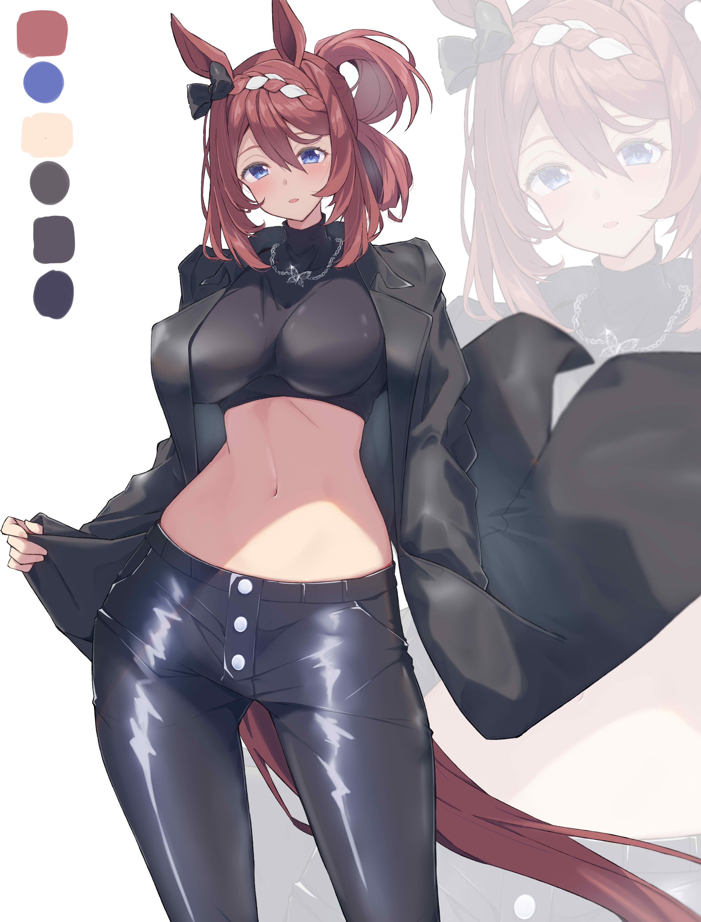 yuuri (sinjitu-no-yukue), super creek (umamusume), umamusume, absurdres, commentary, commission, highres, skeb commission, 1girl, animal ears, black coat, black pants, black shirt, blue eyes, blush, braid, braided bangs, breasts, brown hair, brown tail, chain, chain necklace, coat, cropped shirt, feet out of frame, folded ponytail, hair between eyes, horse ears, horse girl, horse tail, jewelry, large breasts, long hair, looking at viewer, midriff, navel, necklace, open clothes, open coat, open mouth, pants, shirt, simple background, solo, standing, stomach, tail, turtleneck, turtleneck shirt, white background, wide hips, zoom layer