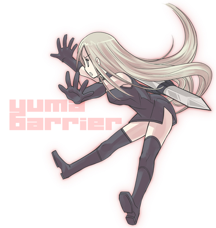 rsk, yuma (claymore), claymore (series), >:o, 0 0, 1girl, :o, black boots, black dress, black gloves, blonde hair, boots, character name, claymore (sword), dress, elbow gloves, female focus, foreshortening, from side, full body, gloves, long hair, open mouth, outstretched arms, profile, side slit, sleeveless, sleeveless dress, solo, spread fingers, sword, thigh boots, thighhighs, v-shaped eyebrows, very long hair, weapon, weapon on back