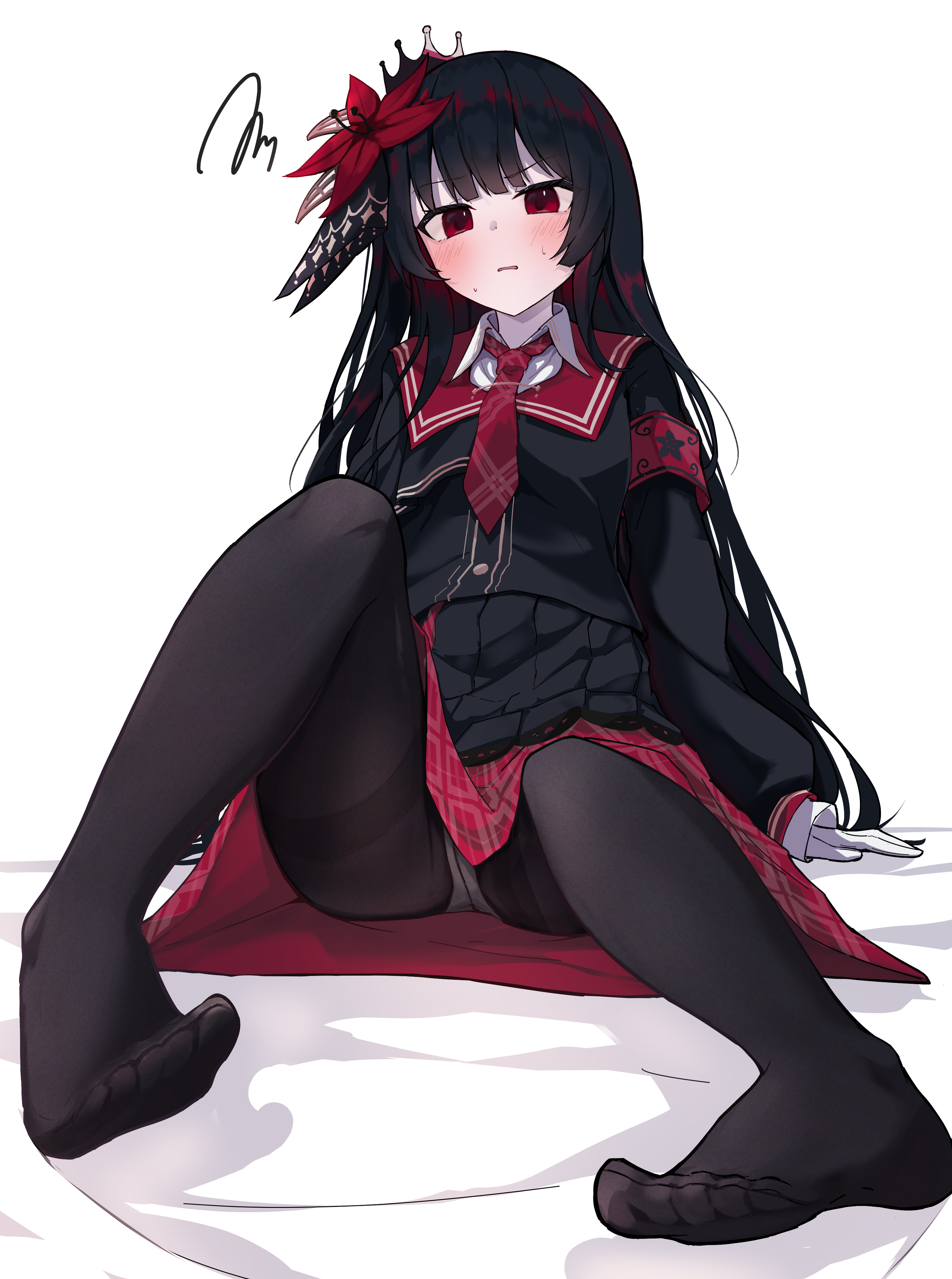 takoyaki032002, nikaido hiro, mahou shoujo no majo saiban, absurdres, commentary, highres, 1girl, armband, arms at sides, bed sheet, black hair, black pantyhose, black shirt, blunt bangs, blush, crotch seam, feet, flower, foreshortening, full body, gloves, hair flower, hair ornament, legs, long hair, looking at viewer, miniskirt, necktie, no shoes, panties, panties under pantyhose, pantyhose, plaid clothes, plaid necktie, plaid skirt, red armband, red eyes, red flower, red necktie, red skirt, red streaks, shirt, sidelocks, simple background, skirt, sleeves past wrists, solo, spread legs, squiggle, straight hair, sweatdrop, toes, torn clothes, torn pantyhose, tsurime, underwear, v-shaped eyebrows, very long hair, white background, white gloves, white panties