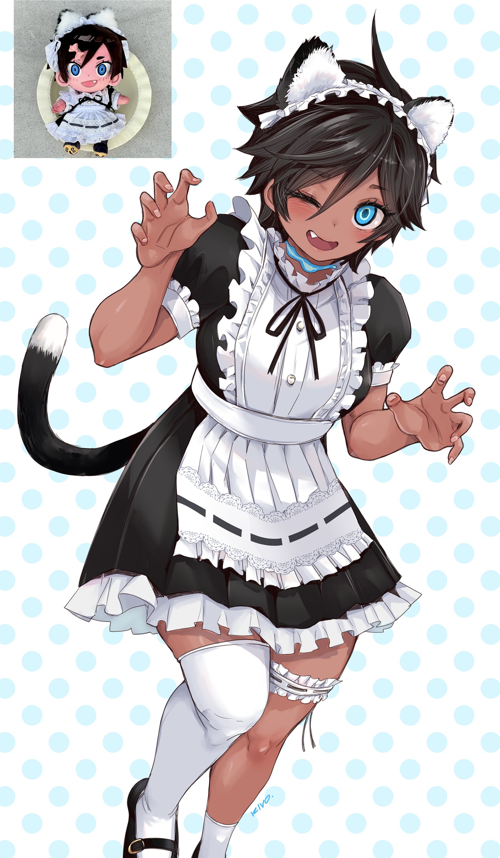 kivo, original, absurdres, commentary, english commentary, highres, photo-referenced, ahoge, animal ears, apron, black dress, black hair, black ribbon, black shoes, blue eyes, cat ears, cat tail, cropped legs, dani (kivo), dark-skinned female, dark skin, double-parted bangs, dress, dullahan, fake animal ears, fang, hair between eyes, maid, maid apron, maid headdress, neck ribbon, one eye closed, open mouth, polka dot, polka dot background, ribbon, shoes, short hair, short sleeves, single thighhigh, spiked hair, standing, stuffed toy, tail, tan, thigh strap, thighhighs, tomboy, white thighhighs