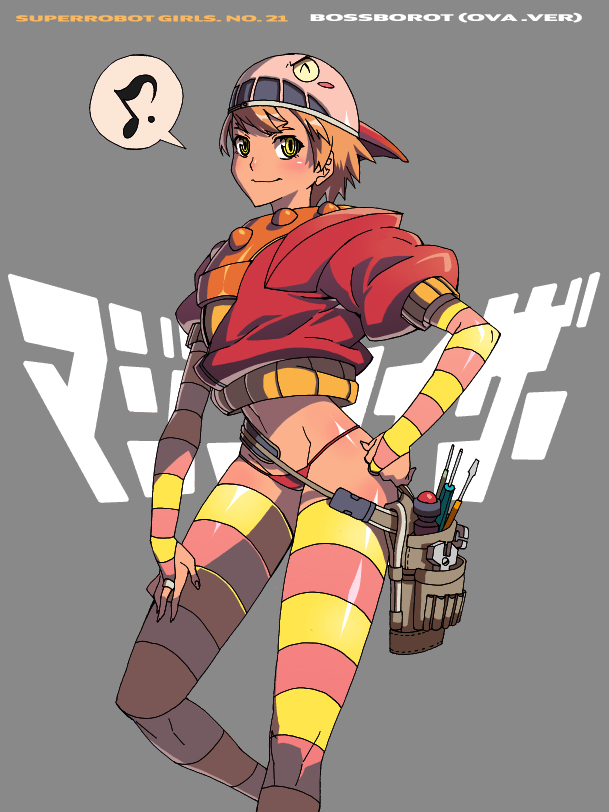 mazingkaizer, boss borot, mazinger (series), mazinger z, mazinkaiser, toei company, hand on thigh, multicolored legwear, bad id, bad pixiv id, 1girl, backwards hat, baseball cap, bikini, bridal gauntlets, copyright name, epic, female focus, gloves, grey background, hand on own hip, hand on own thigh, hat, looking at viewer, mecha musume, musical note, navel, personification, pink thighhighs, red bikini, ringed eyes, screwdriver, short hair, simple background, smile, solo, spoken musical note, striped clothes, striped gloves, striped thighhighs, swimsuit, thighhighs, thong bikini, tools, wrench, yellow eyes, yellow thighhighs