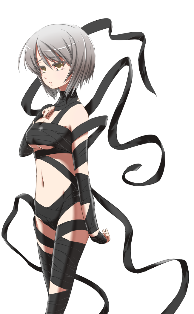 rumirukusu, azel iblis, night wizard, silver hair, bad id, bad pixiv id, 00s, 1girl, breasts, cleavage, female focus, navel, ribbon, short hair, solo, thighhighs, transparent background, underboob, yellow eyes