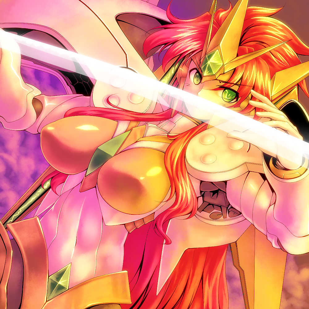 tro (trombe), valsione, valsione r, banpresto, super robot wars, super robot wars the lord of elemental, 1girl, breasts, female focus, green eyes, large breasts, mecha, red hair, robot, solo