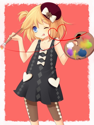 rocky (chendongjian), oekaki musume, original, bad id, bad pixiv id, :q, ;q, art brush, beret, blonde hair, bow, dress, hat, heart, one eye closed, paint, paint palette, paintbrush, short hair, solo, tongue, tongue out, wink