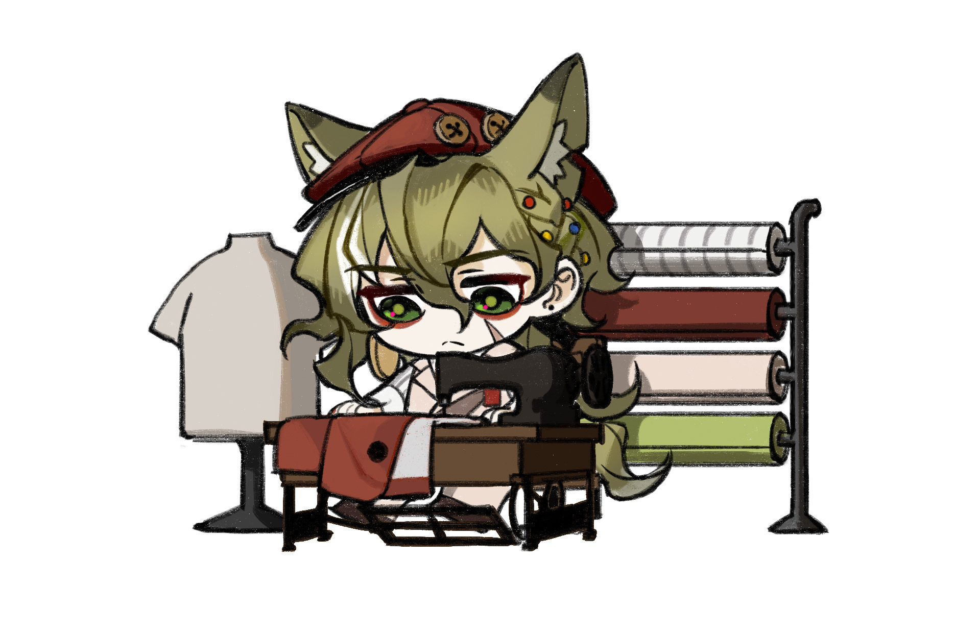 five-fall, arknights, chinese commentary, commentary request, highres, third-party source, 1boy, animal ears, asymmetrical hair, buttons, chibi, chibi only, earrings, eyeshadow, facial scar, figurino (arknights), green eyes, green hair, hand on table, hat, jewelry, looking down, makeup, male focus, mannequin, multicolored hair, notched ear, official artist extra, scar, scar on cheek, scar on face, serious, sewing, sewing machine, sitting, solo, streaked hair, stud earrings, tail, white background, white hair, wolf boy, wolf ears, wolf tail
