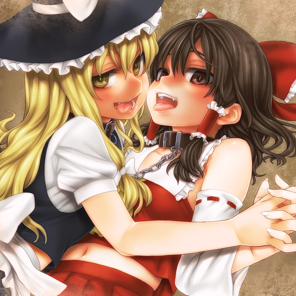 asanagi, hakurei reimu, kirisame marisa, touhou, 2girls, album cover, blonde hair, brown hair, chain, collar, cover, fang, female focus, hat, holding hands, long hair, multiple girls, naughty face, navel, short hair, tongue, witch hat, yuri
