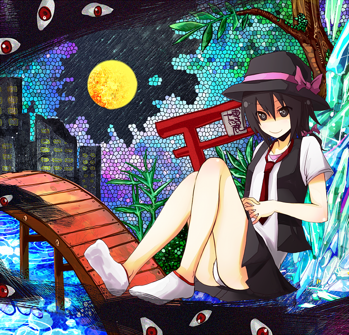 shiroshi (denpa eshidan), usami renko, ghostly field club, touhou, bad id, bad pixiv id, 1girl, bridge, building, feet, female focus, gap (touhou), grid background, hat, ice, moon, mosaic background, necktie, panties, plant, skyscraper, smile, socks, solo, torii, tree, underwear, vest