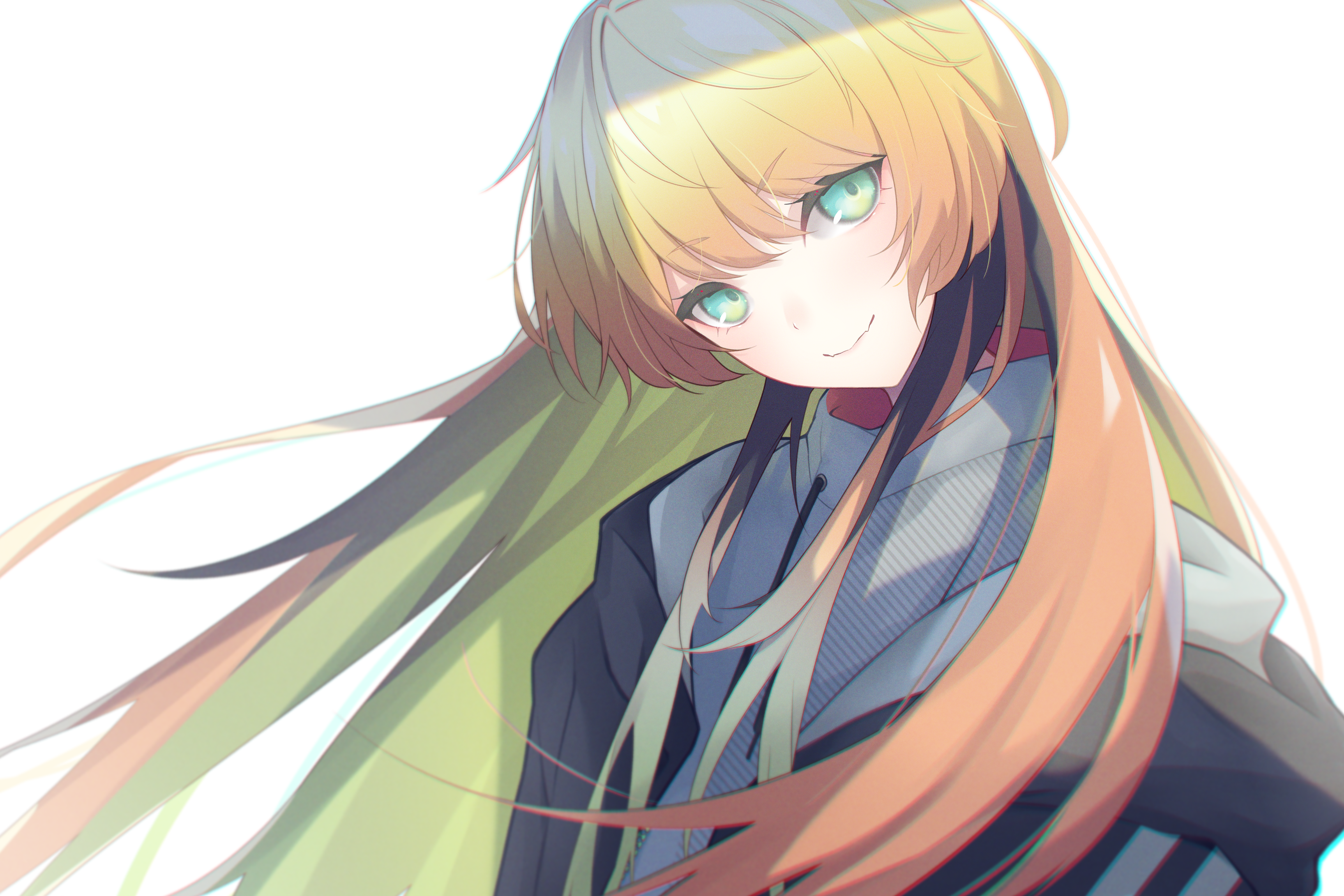 melissa kinrenka, nijisanji, absurdres, highres, androgynous, blonde hair, closed mouth, green eyes, green hair, long hair, looking at viewer, melissa kinrenka (2nd costume), multicolored hair, orange hair, smile, solo