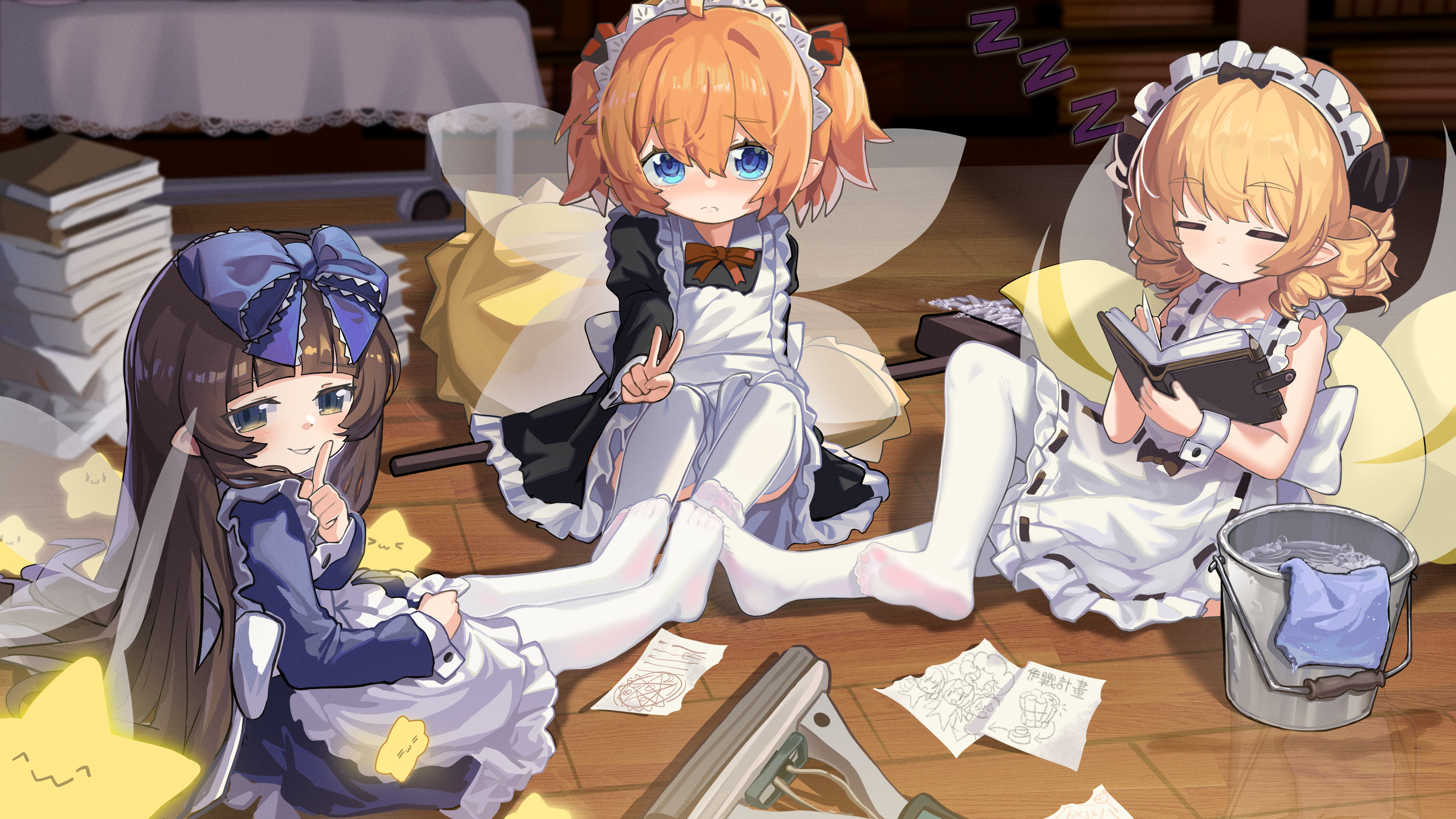 hxj (2324184595), luna child, star sapphire, sunny milk, touhou, absurdres, chinese commentary, commentary request, highres, 3girls, alternate costume, apron, black dress, blonde hair, blue dress, blue eyes, blush, book, bow, brown bow, brown hair, bucket, closed eyes, closed mouth, drawing (object), dress, drill hair, enmaided, fairy, fairy wings, finger to mouth, hair bow, holding, holding book, long hair, maid, maid apron, maid headdress, medium hair, multiple girls, open book, orange hair, pages, pantyhose, pointy ears, shushing, sleeping, smile, star (symbol), v, very long hair, water, white apron, white pantyhose, wings, zzz