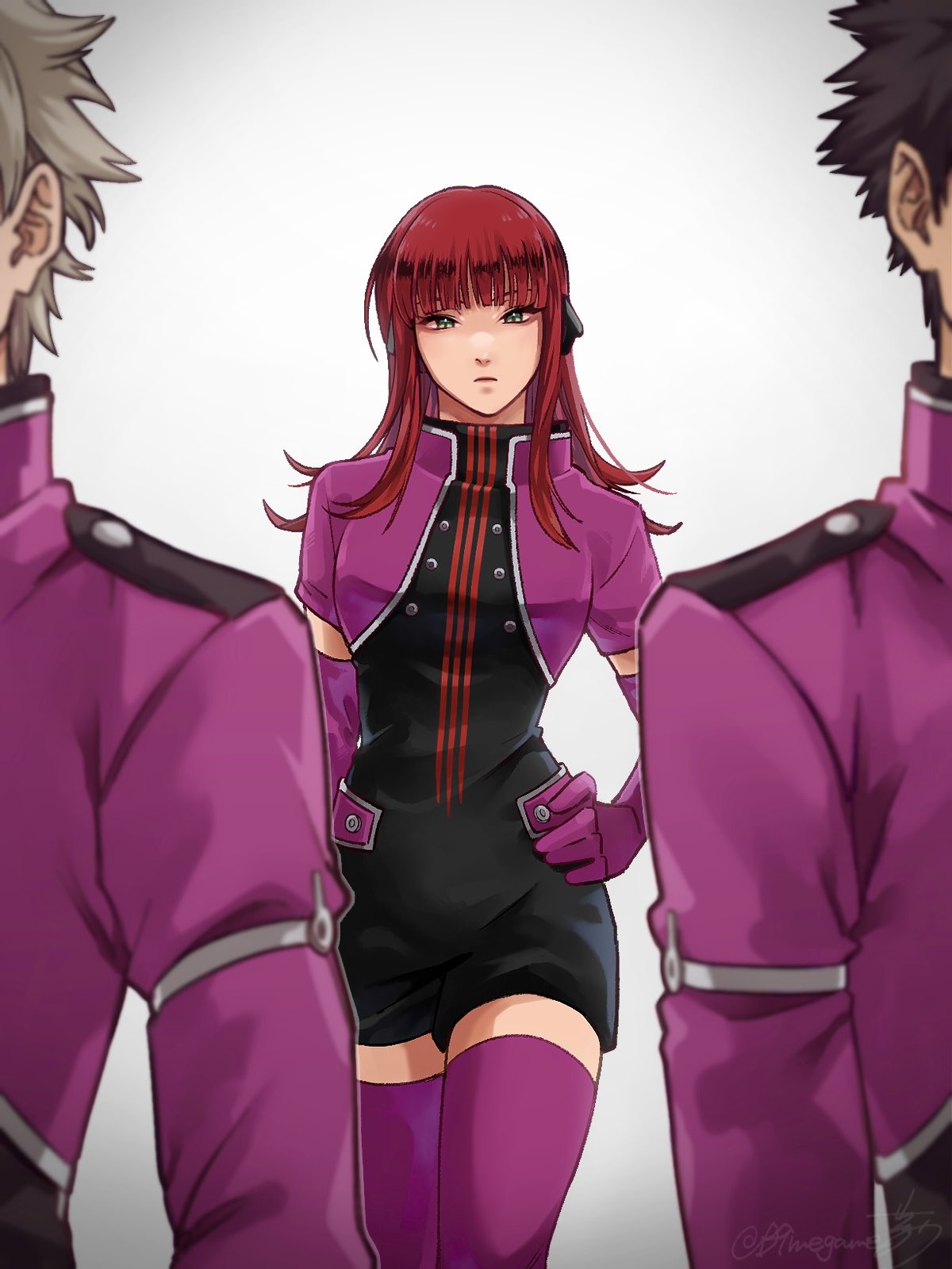 katori youko, miura yuuta, wakamura rokurou, world trigger, commentary, highres, symbol-only commentary, 1girl, 2boys, b9megane, black hair, blonde hair, breasts, elbow gloves, gloves, green eyes, hand on own hip, katori squad's uniform, long hair, looking at viewer, medium breasts, multiple boys, out of frame, purple thighhighs, short jumpsuit, short sleeves, thighhighs, turtleneck, white background