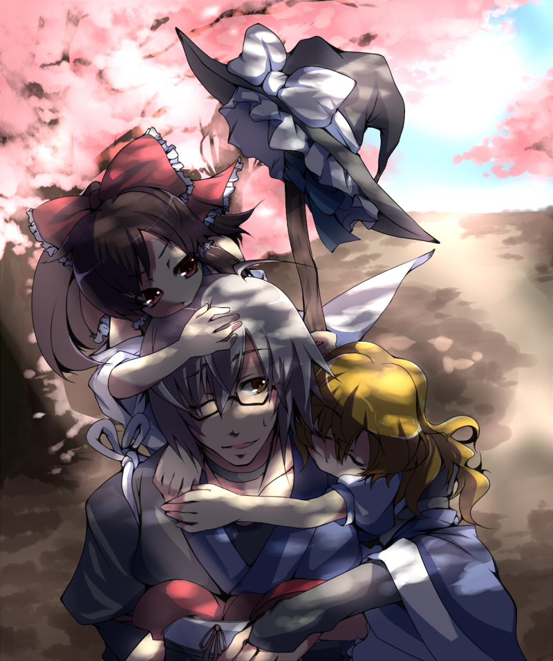 pun2, serizawa mutsuki, hakurei reimu, kirisame marisa, morichika rinnosuke, curiosities of lotus asia, touhou, bad id, bad pixiv id, colorized, 1boy, 2girls, :>, aged down, blonde hair, brown hair, dappled sunlight, frown, hat, hug, multiple girls, on head, one eye closed, person on head, red eyes, sleeping, sunlight, sweatdrop, unworn hat, unworn headwear, white hair, witch, witch hat, yellow eyes