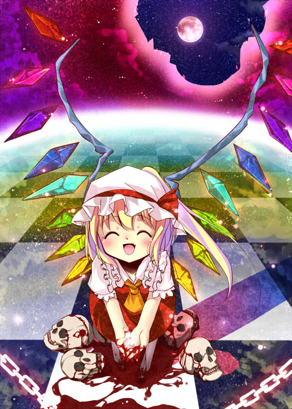 sho (runatic moon), flandre scarlet, touhou, 1girl, :d, ^ ^, blonde hair, blood, chain, checkered floor, closed eyes, fang, female focus, floor, full moon, hat, leaning forward, moon, open mouth, own hands together, perspective, skull, smile, solo, standing, wings