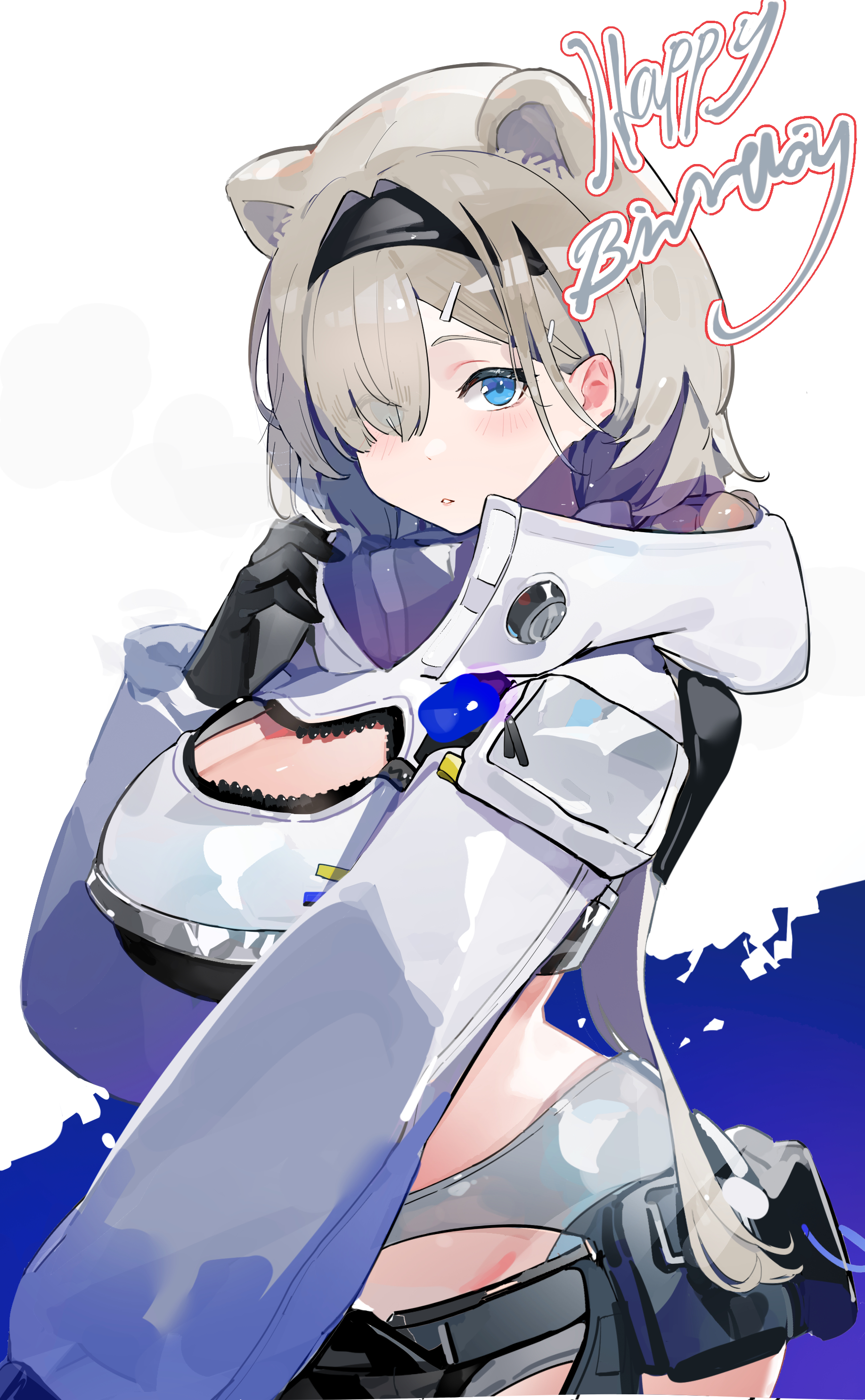 chongchongbao mushi, aurora (arknights), arknights, absurdres, chinese commentary, commentary request, highres, 1girl, animal ears, black gloves, black hairband, blue eyes, breasts, cleavage, eyes visible through hair, gloves, grey hair, hair over one eye, hairband, hand up, huge breasts, jacket, long sleeves, looking at viewer, parted lips, short hair, simple background, solo, upper body, white background, white jacket