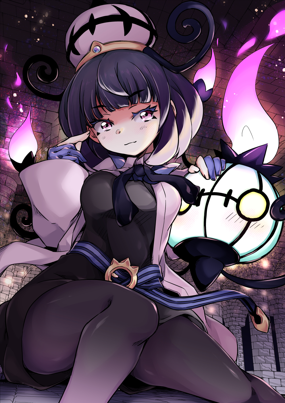 naruse yasuhiro, chandelure, gwynn (pokemon), pokemon, pokemon legends: z-a, 1girl, gen 5 pokemon, hat, pokemon (creature), purple eyes, purple hair