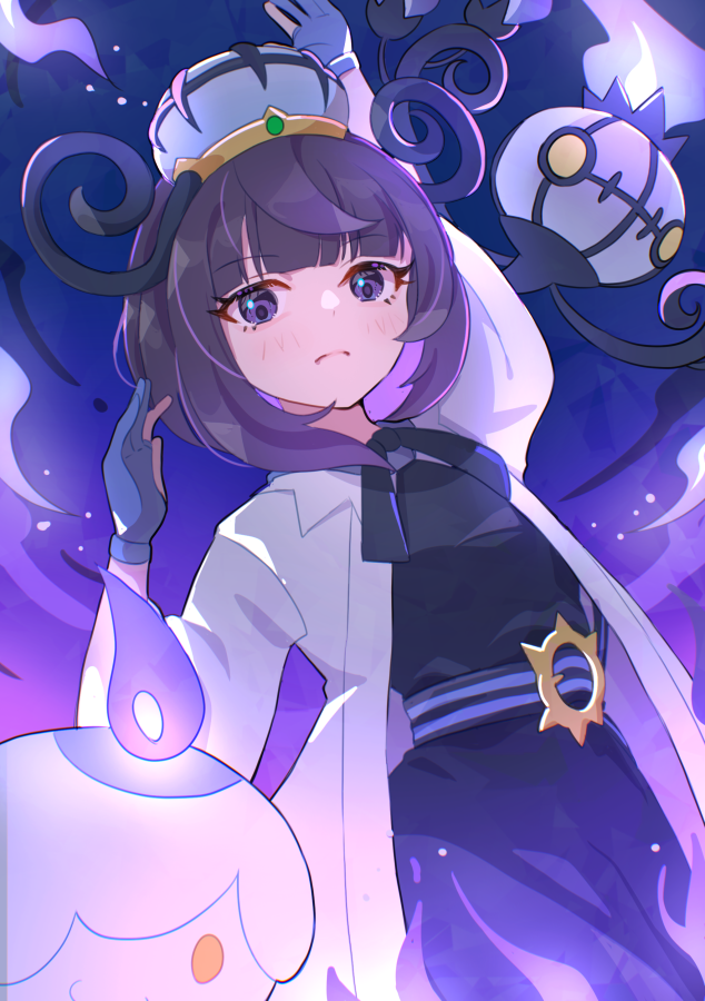mizuiro123, chandelure, gwynn (pokemon), litwick, nintendo, pokemon, pokemon legends: z-a, commentary request, 1girl, arm up, belt, belt buckle, black dress, blue gloves, blunt bangs, blush, buckle, closed mouth, coat, dress, evolutionary line, fire, gen 5 pokemon, gloves, hat, looking at viewer, o-ring, o-ring belt, open clothes, open coat, partially fingerless gloves, purple eyes, purple fire, purple hair, solo, white coat