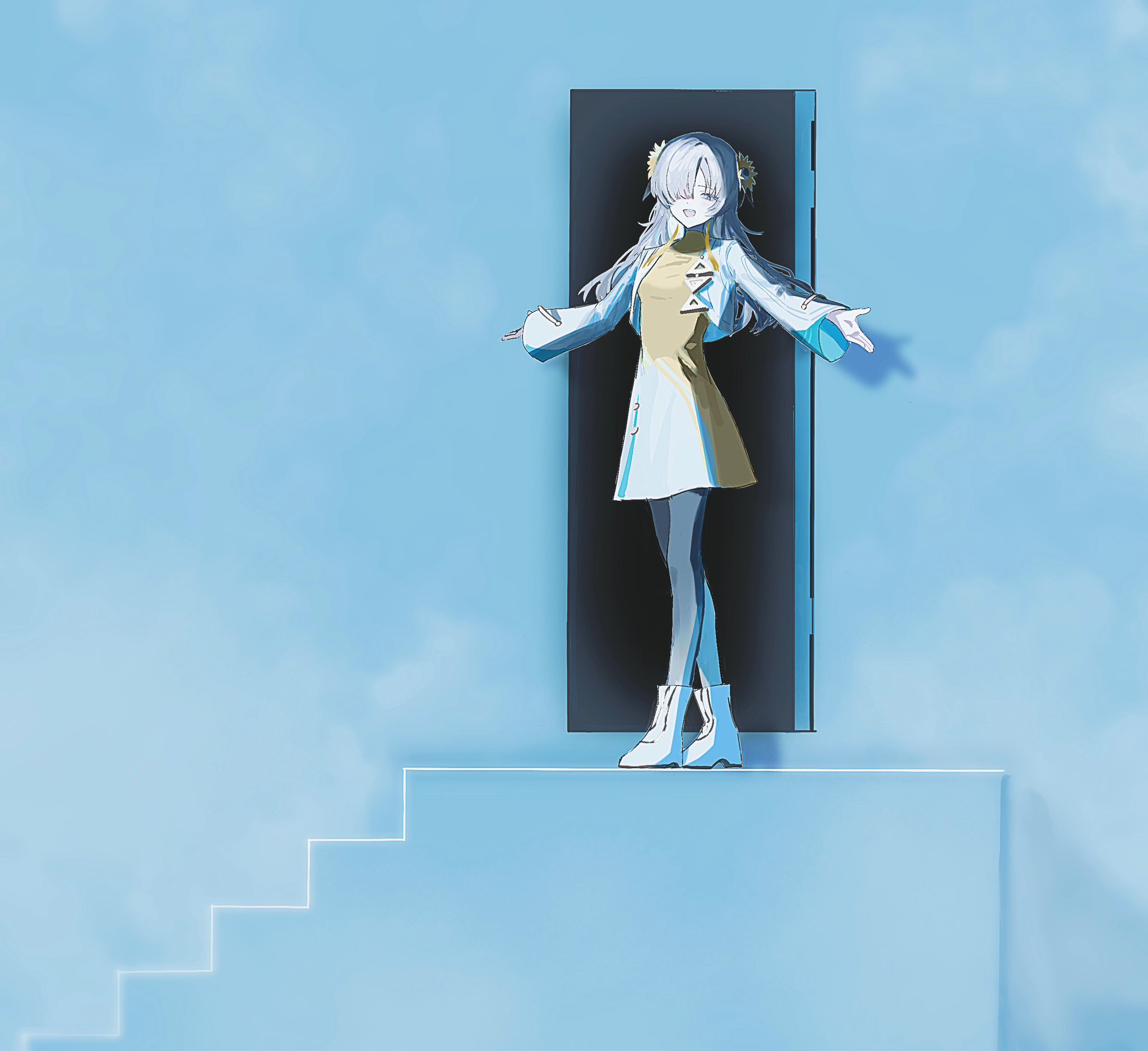 suica 000, isekaijoucho, kamitsubaki studio, hashtag-only commentary, highres, 1girl, :d, black pantyhose, blue background, boots, dress, flower, full body, grey eyes, grey hair, hair flower, hair ornament, long hair, long sleeves, open door, open mouth, pantyhose, shrug (clothing), smile, solo, stairs, standing, two-tone dress, virtual youtuber, white boots, white dress, white shrug, wide sleeves, yellow dress, yellow flower