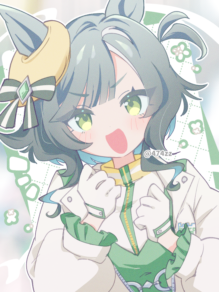 anzen robo (474zz), kiseki (umamusume), umamusume, commentary request, 1girl, animal ears, aqua hair, beret, blunt bangs, blush, ears through headwear, gloves, green eyes, green vest, hat, horse ears, horse girl, jacket, kiseki (miracle author) (umamusume), long sleeves, looking at viewer, multicolored hair, one side up, open clothes, open jacket, open mouth, parted bangs, puffy long sleeves, puffy sleeves, shirt, short hair, sidelocks, smile, solo, streaked hair, upper body, v-shaped eyebrows, vest, white gloves, white jacket, white shirt, white streaks, yellow hat