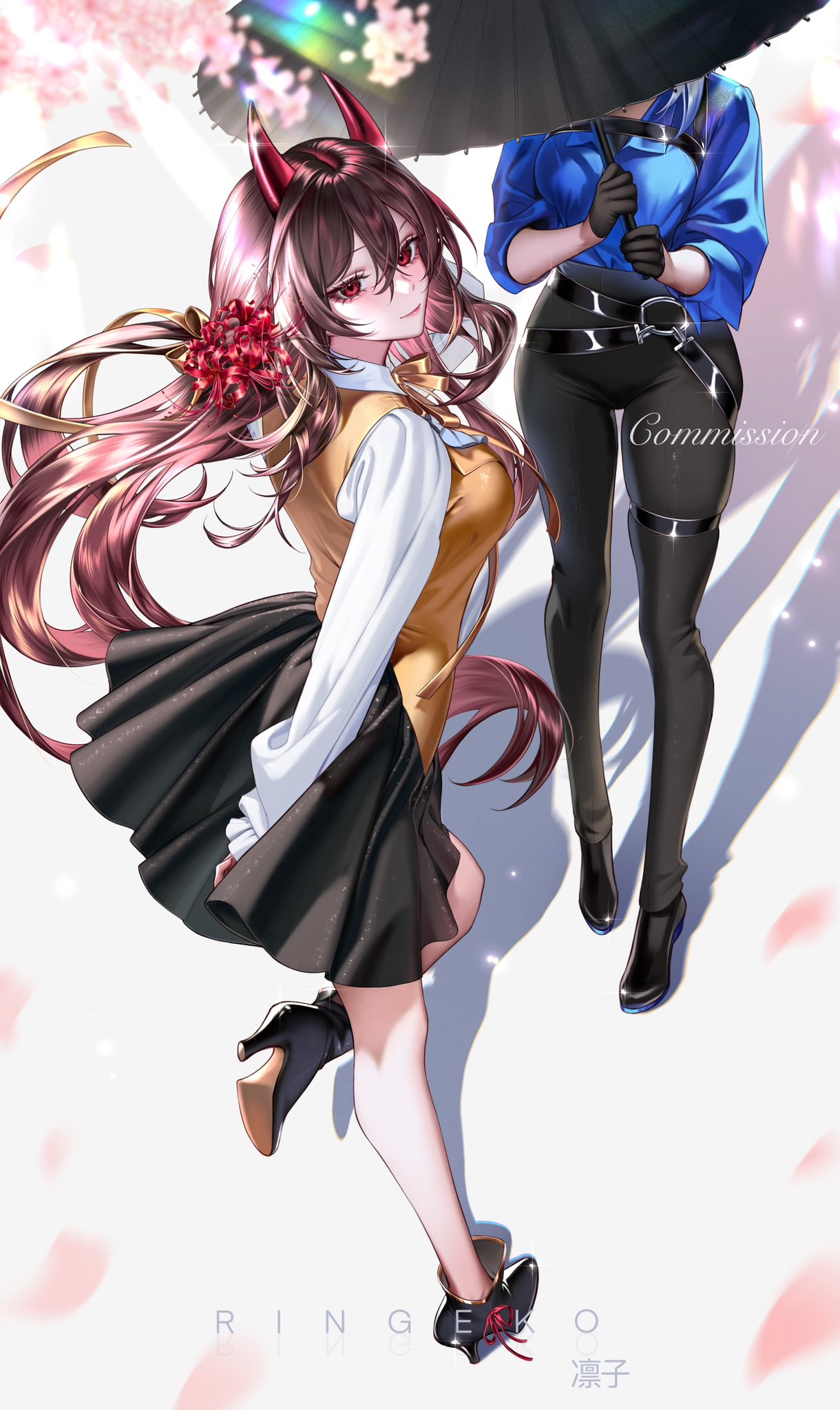 ringeko-chan, original, commentary, commission, highres, symbol-only commentary, 2girls, artist name, black gloves, black pants, black shoes, black skirt, blue shirt, breasts, brown hair, closed mouth, flower, gloves, hair between eyes, high heels, holding, holding umbrella, horns, long hair, long sleeves, medium breasts, multiple girls, orange ribbon, orange vest, pants, red eyes, red horns, ribbon, shirt, shoes, skirt, smile, spider lily, standing, umbrella, vest, white shirt