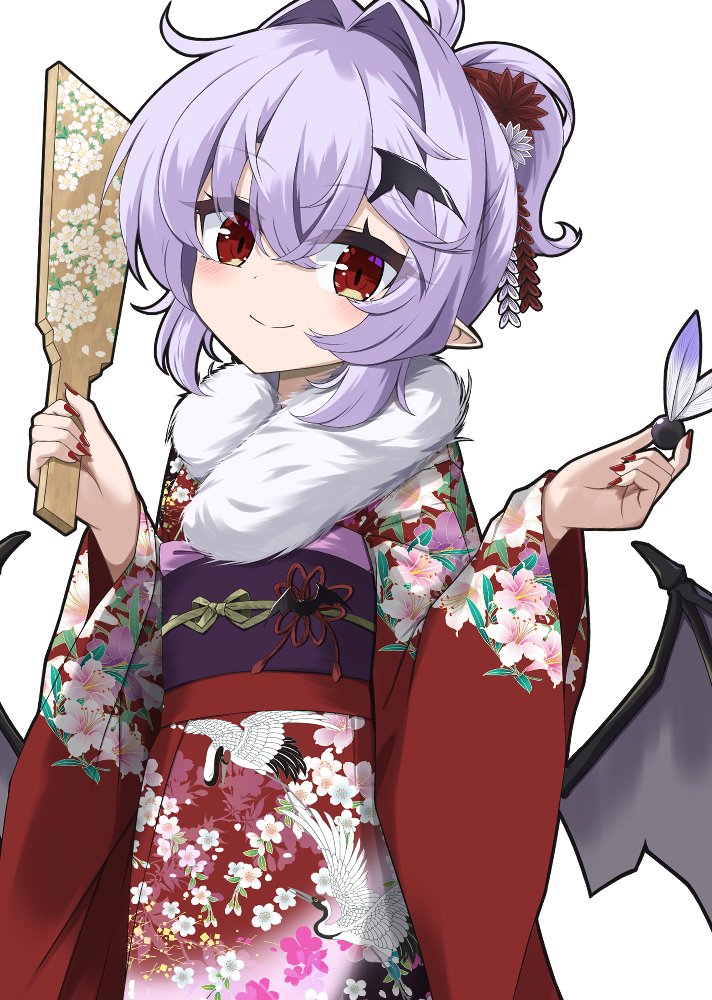 akisome hatsuka, remilia scarlet, touhou, commentary request, 1girl, alternate costume, bat wings, blush, closed mouth, floral print, hagoita, hair intakes, hair ornament, hane (hanetsuki), holding, holding paddle, japanese clothes, kanzashi, kimono, long sleeves, looking at viewer, obi, obiage, obidome, obijime, paddle, pointy ears, purple hair, red eyes, red kimono, sash, short hair, simple background, smile, solo, tsumami kanzashi, white background, wide sleeves, wing hair ornament, wings, yukata