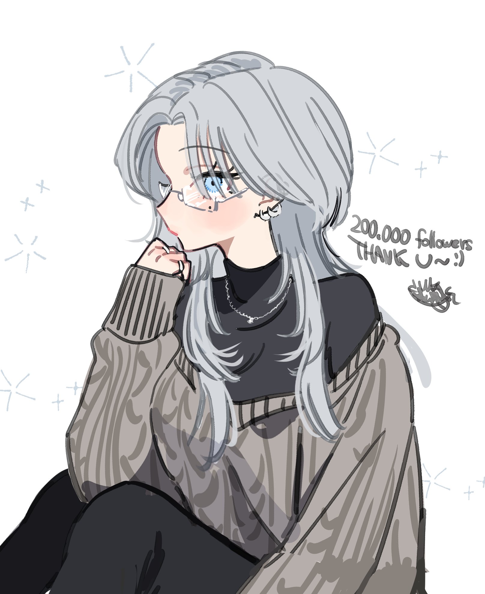kamiyama sumu, original, commentary request, highres, 1girl, black shirt, blue eyes, closed mouth, earrings, glasses, grey hair, grey sweater, haimiya mio (kamiyama sumu), hand up, jewelry, long hair, long sleeves, looking at viewer, mole, mole under eye, multiple rings, off-shoulder sweater, off shoulder, parted hair, rectangular eyewear, ring, shirt, sitting, sleeves past wrists, solo, sweater, thank you, white background