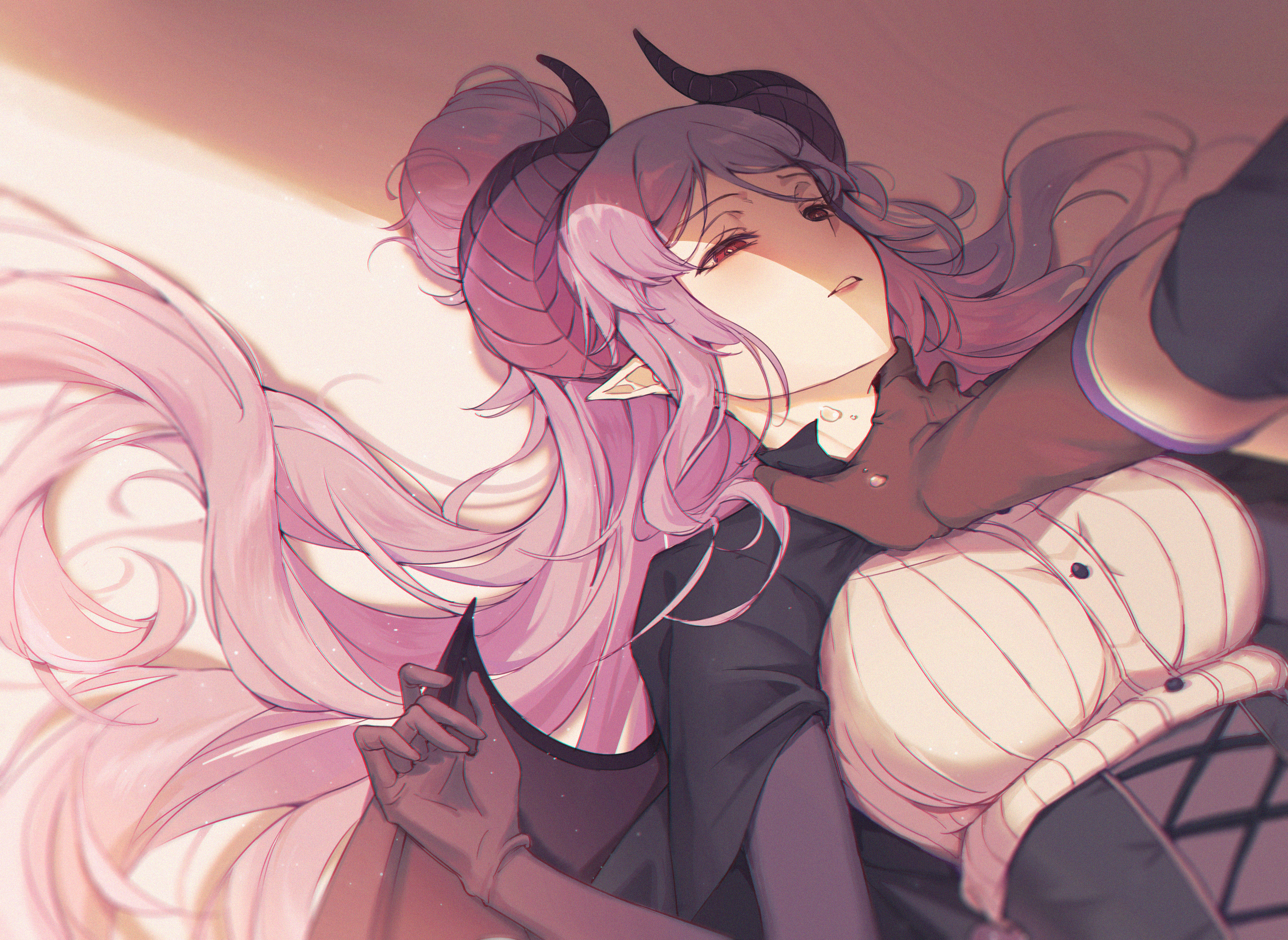 qianlilingjiang, homare (princess connect!), yuuki (princess connect!), princess connect!, absurdres, commentary request, highres, 1boy, 1girl, breasts, curled horns, dragon girl, expressionless, gloves, hair bun, hair spread out, hand on another's neck, horns, large breasts, long hair, looking at another, parted lips, purple hair, red eyes, solo focus, tears