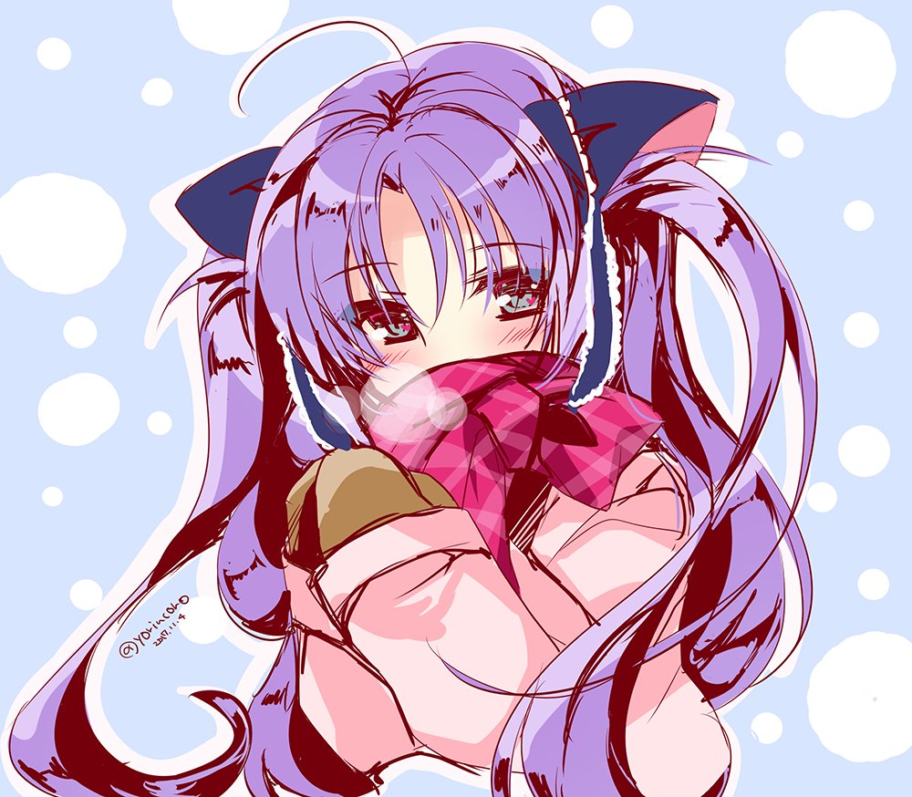 asahina yori, sasasegawa sasami, little busters!, commentary, 1girl, 2017, ahoge, alternate costume, aqua eyes, blue background, blue ribbon, blush, breath, brown mittens, coat, cold, covered mouth, cropped torso, dated, eyes visible through hair, hair between eyes, hair ribbon, hands up, long hair, looking at viewer, mittens, one-hour drawing challenge, outline, own hands together, pink coat, plaid clothes, plaid scarf, purple hair, red scarf, ribbon, scarf, simple background, sketch, sleeves past wrists, solo, twitter username, two side up, upper body, very long hair, white outline, winter clothes