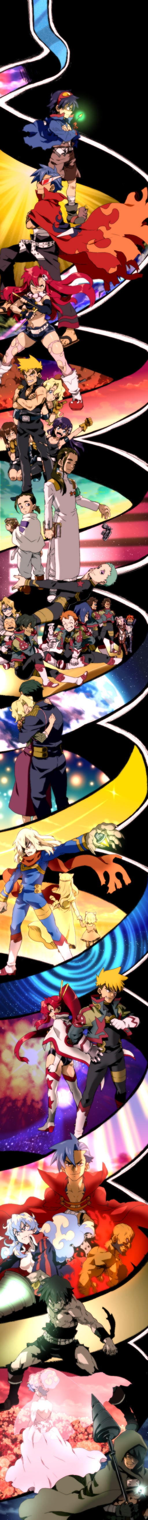 matsukaze yukiji, ailac coega, barinbo, boota (ttgl), darry adai, dayakka, gimmy adai, jogan, kamina (ttgl), kidd coega, kinon bachika, kittan bachika, kiyal bachika, kiyoh bachika, leeron littner, leite jokin, lordgenome, makken, memusu, nia teppelin, rossiu adai, simon (ttgl), space yoko, tsuuma, viral (ttgl), yoko littner, zoushi kanai, durarara!!, tengen toppa gurren lagann, tengen toppa gurren lagann: lagann-hen, absurdres, bad id, bad pixiv id, character request, highres, long image, spoilers, tall image, 6+boys, 6+girls, age difference, aged down, aged up, ass, bandages, beard, blonde hair, blue hair, bodysuit, boots, breasts, brown hair, cape, core drill, crossed arms, dress, drill, drinking, epic, everyone, facial hair, flower, glasses, goggles, goggles on head, grin, gun, hair ornament, hug, jacket, kamina shades, large breasts, long hair, medium breasts, multicolored hair, multiple boys, multiple girls, multiple persona, muscular, oversized limbs, parody, pink hair, ponytail, purple hair, red hair, sad, sarashi, smile, sunglasses, tears, thighhighs, topless female, topless male, torn clothes, triangular eyewear, trust me (durarara!!), veil, weapon, wedding, wedding dress