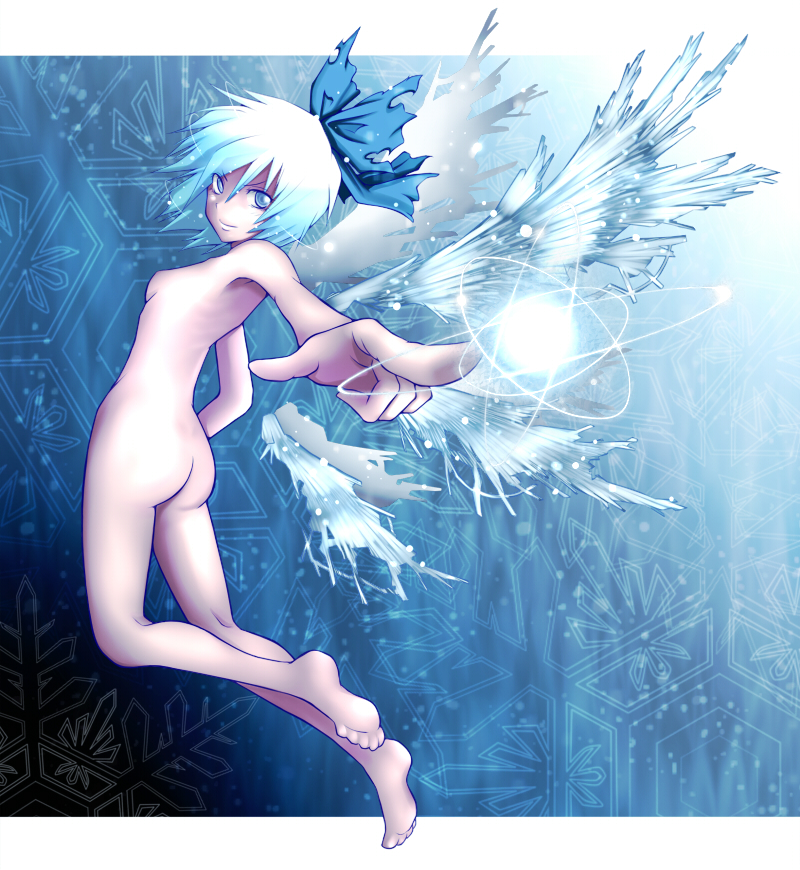 ao usagi, cirno, embodiment of scarlet devil, touhou, 1girl, armpits, ass, bad feet, barefoot, blue eyes, blue hair, bow, breasts, feet, female focus, flat chest, foreshortening, hair bow, legs, matching hair/eyes, nude, pointing, short hair, solo, wings