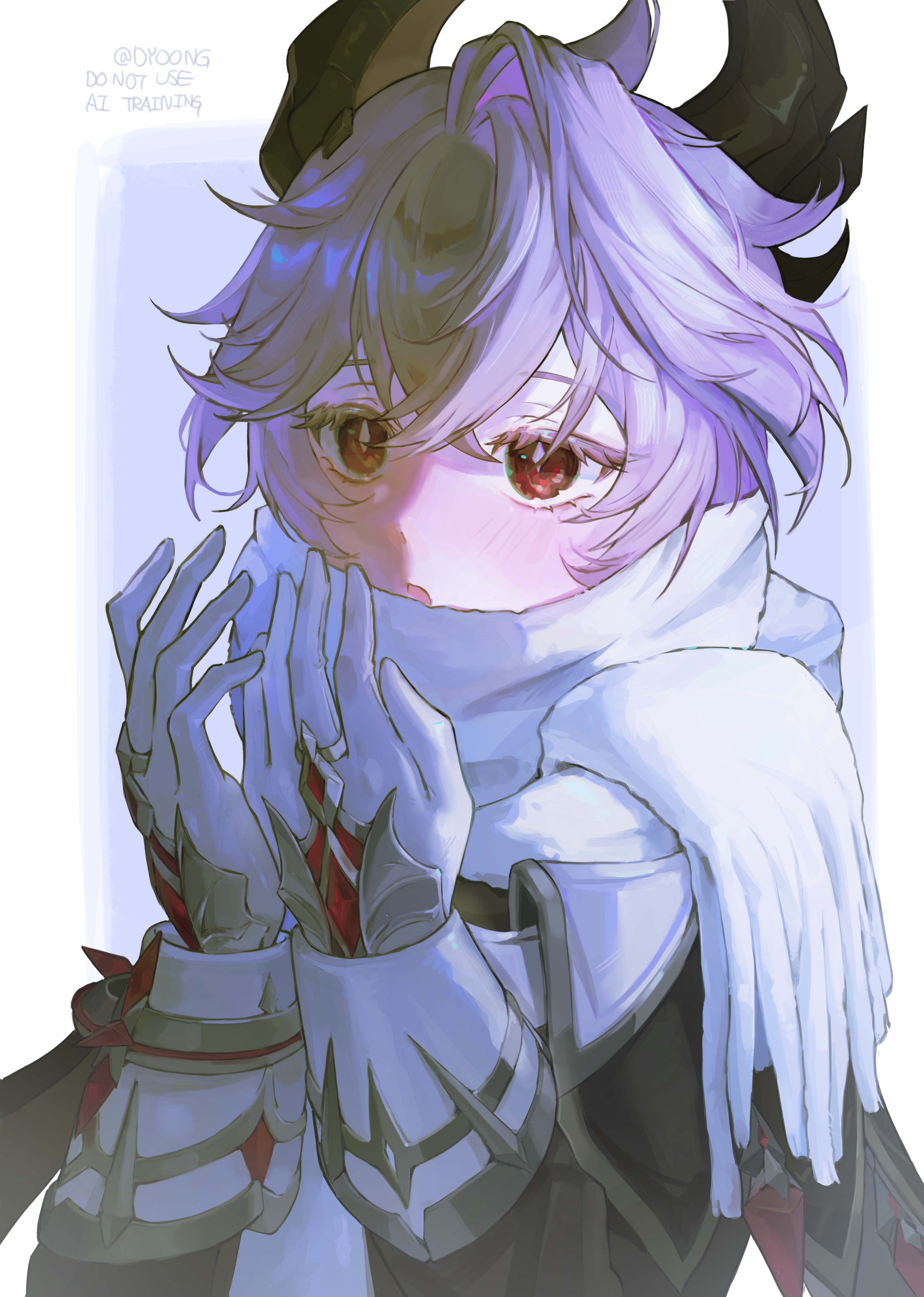 d yoong, durin (genshin impact), genshin impact, absurdres, highres, 1boy, artist name, black horns, blush, breathing on hands, bright pupils, cold, colored eyelashes, crossed bangs, diamond-shaped pupils, diamond (shape), double-parted bangs, dragon boy, dragon horns, expressionless, gloves, hands up, horns, long sleeves, looking ahead, male focus, middle ring, nose blush, parted lips, purple hair, red eyes, scarf, short hair, simple background, single hair intake, sleeve cuffs, solo, symbol-shaped pupils, twitter username, two-tone background, upper body, upturned eyes, warming hands, white background, white gloves, white pupils, white scarf