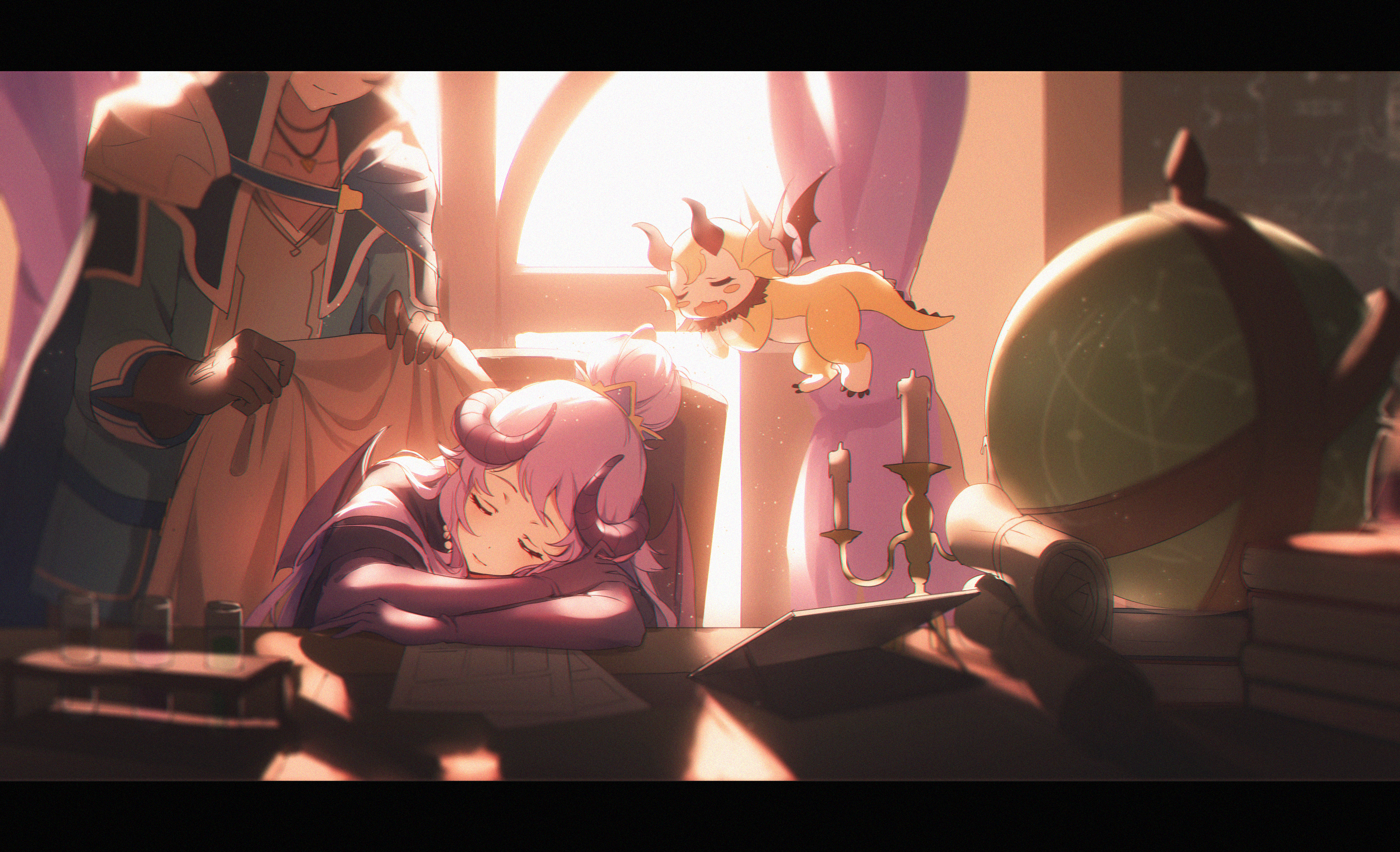 qianlilingjiang, homare (princess connect!), yuuki (princess connect!), princess connect!, absurdres, commentary request, highres, 1boy, 1girl, cape, curled horns, dragon, dragon girl, globe, gloves, horns, long hair, purple hair, sleeping, small dragon, twilight, wings